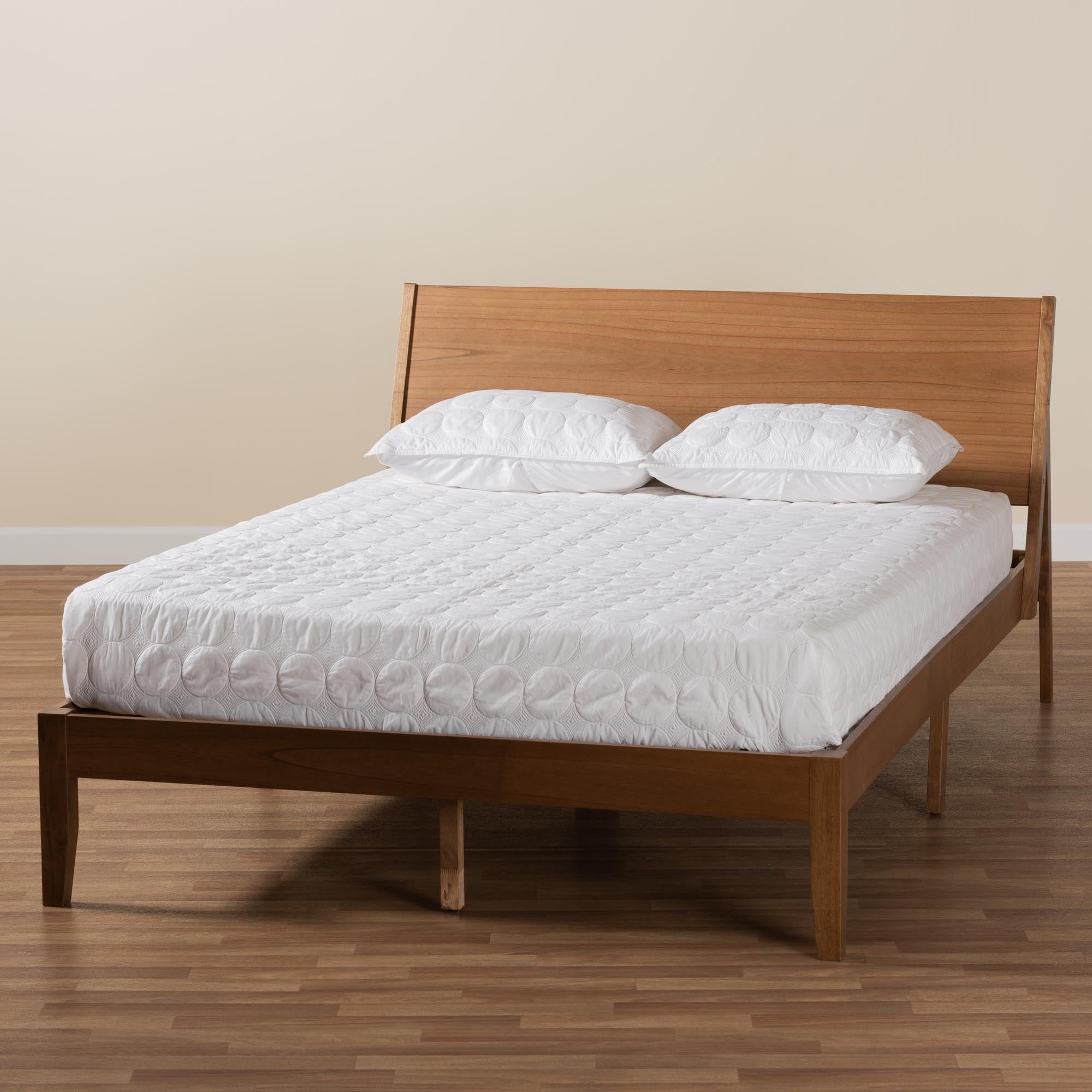 Gretchen King Rubberwood Mid-Century Platform Bed – Angled Headboard Design