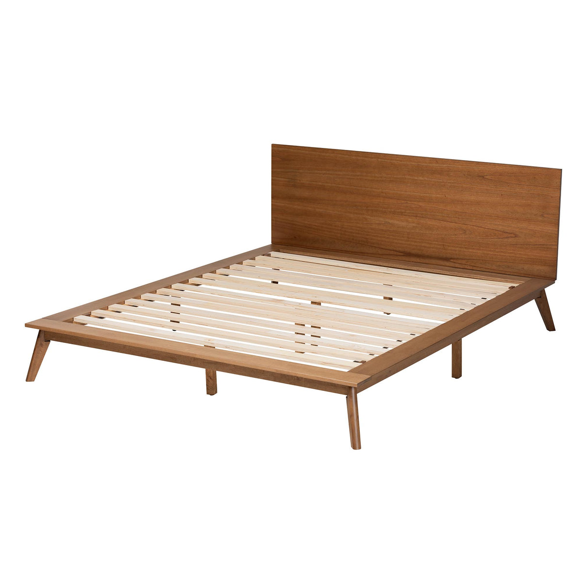 Lester Queen Walnut Brown Platform Bed Mid-Century Modern Low Profile Frame