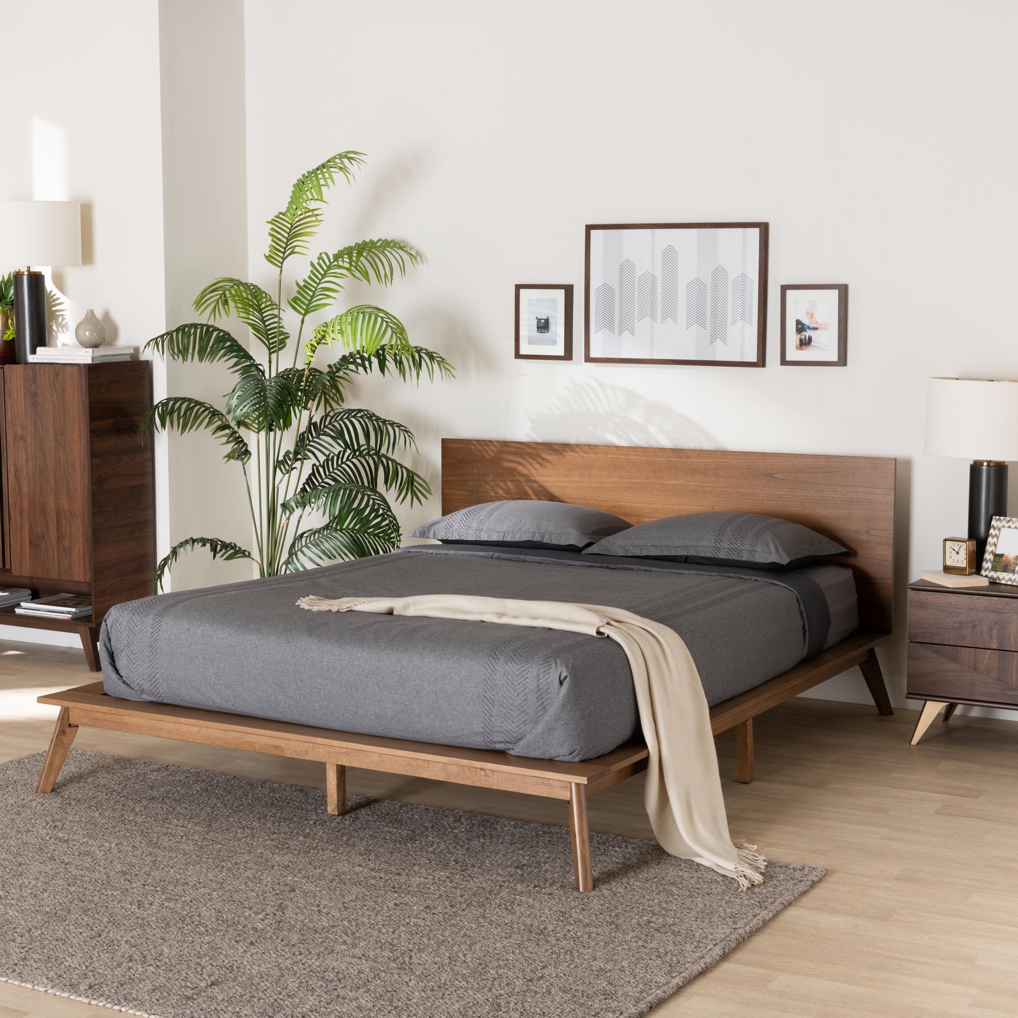 Lester Queen Walnut Brown Platform Bed – Mid-Century Modern Low Profile Frame