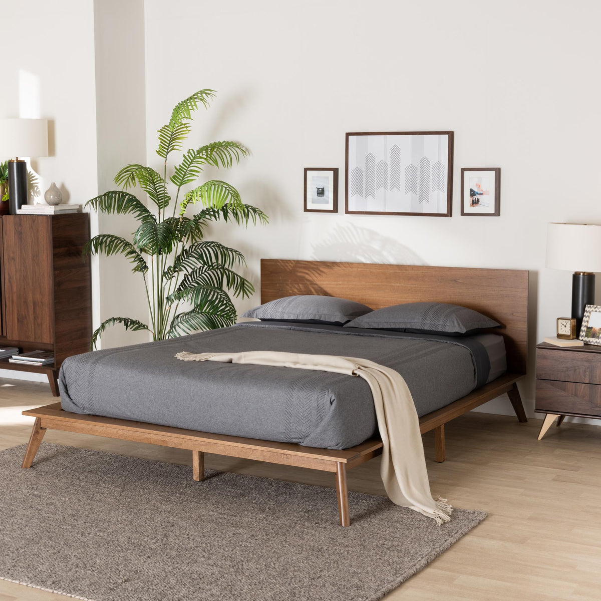 Lester Queen Walnut Brown Platform Bed Mid-Century Modern Low Profile Frame
