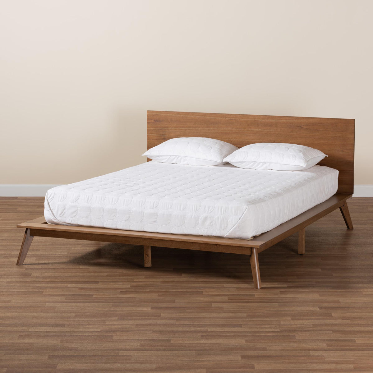 Lester Queen Walnut Brown Platform Bed Mid-Century Modern Low Profile Frame