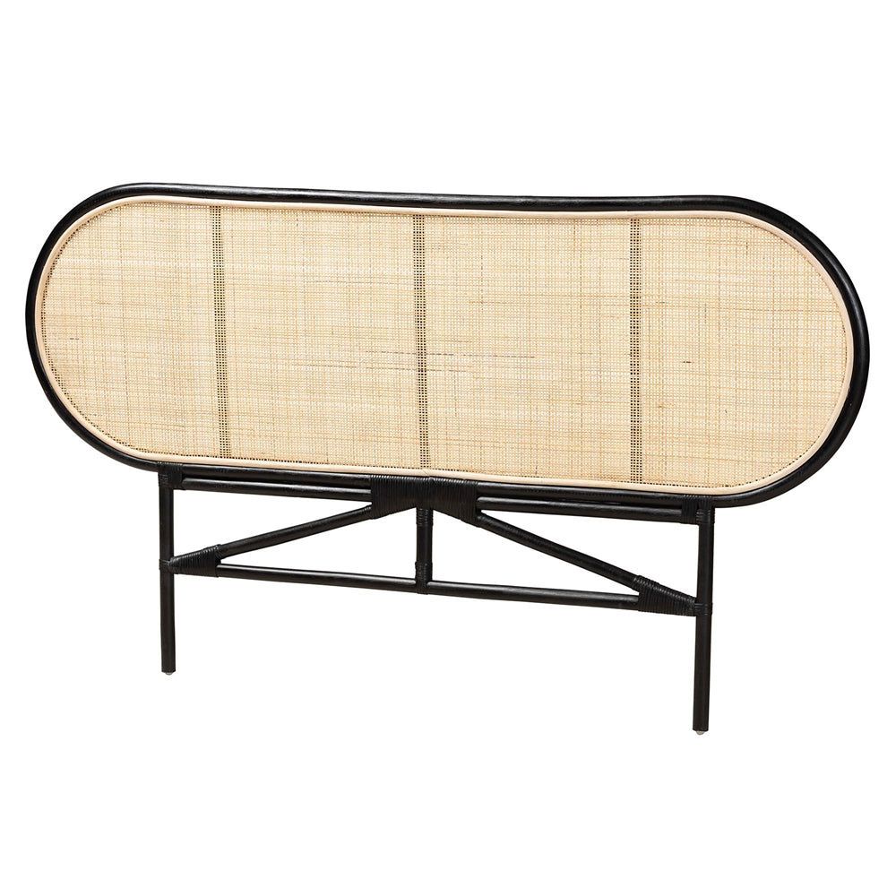 Reegan Modern Bohemian Two-Tone Black and Natural Brown Rattan Queen Size Standalone Headboard