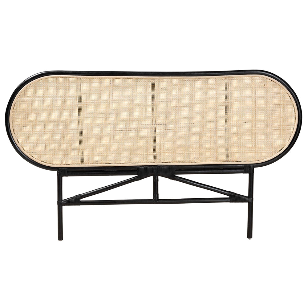 Reegan Modern Bohemian Two-Tone Black and Natural Brown Rattan Queen Size Standalone Headboard