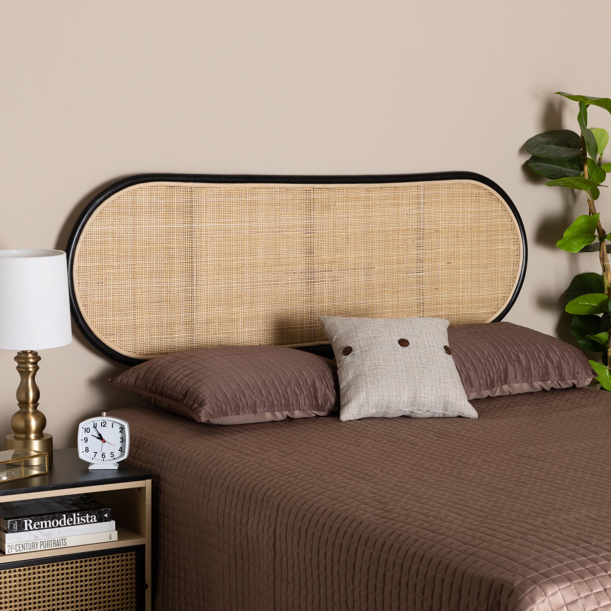 Reegan Modern Bohemian Two-Tone Black and Natural Brown Rattan Queen Size Standalone Headboard