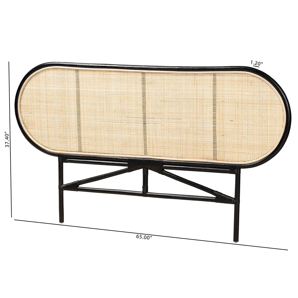 Reegan Modern Bohemian Two-Tone Black and Natural Brown Rattan Queen Size Standalone Headboard