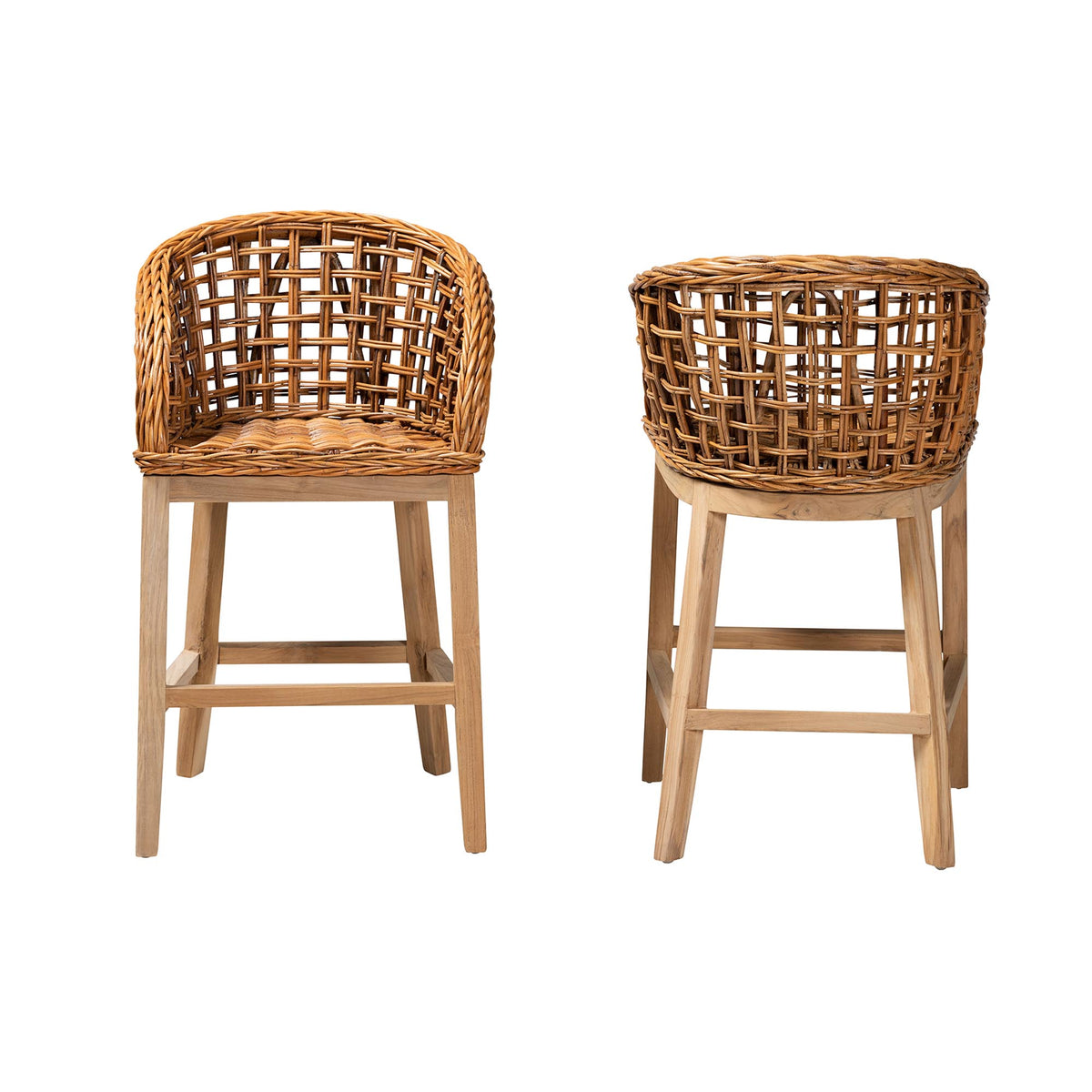 Mario Modern Bohemian Natural Brown Finished Teak Wood and Rattan 2-Piece Counter Stool Set