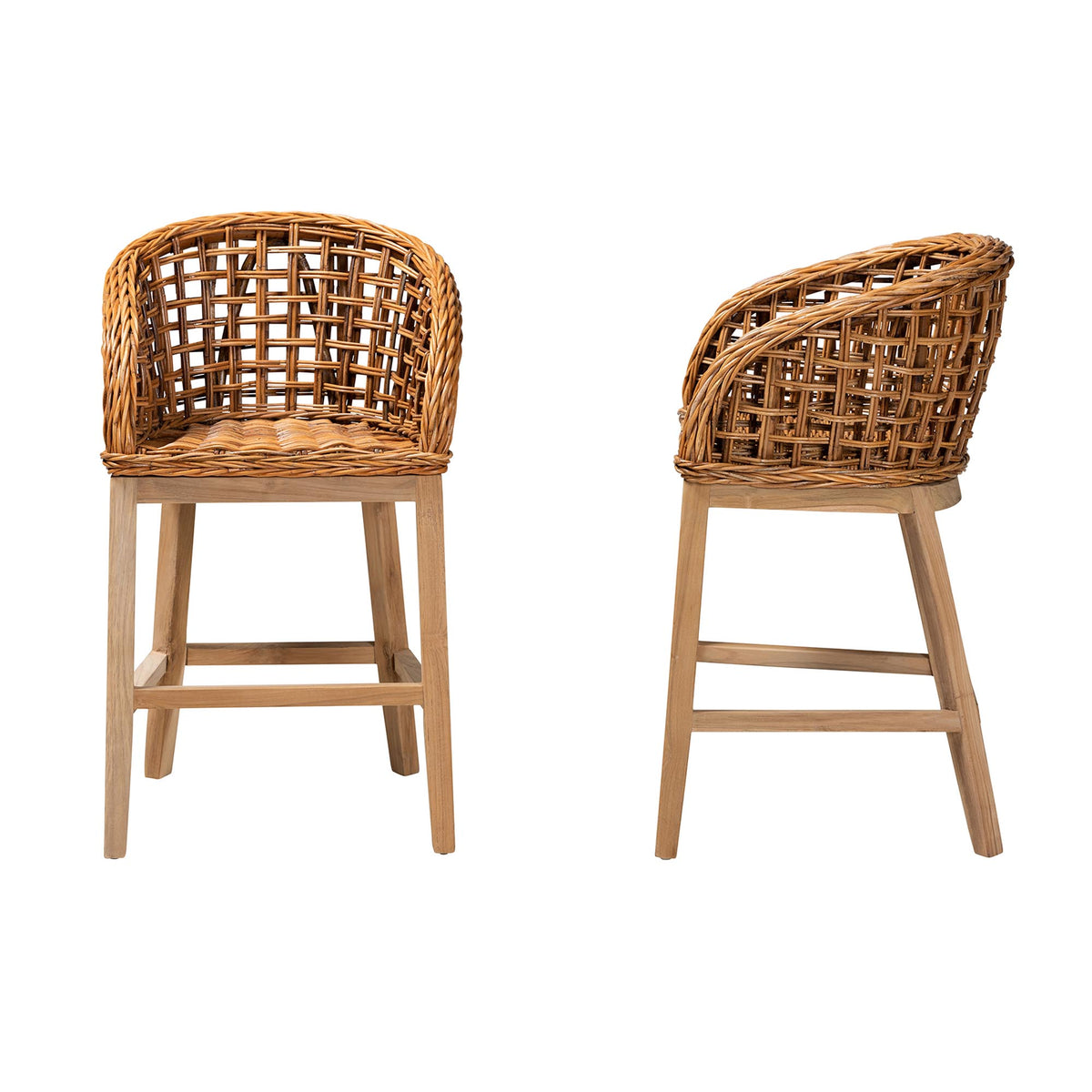 Mario Modern Bohemian Natural Brown Finished Teak Wood and Rattan 2-Piece Counter Stool Set