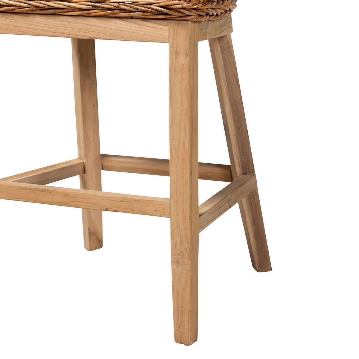 Mario Modern Bohemian Natural Brown Finished Teak Wood and Rattan 2-Piece Counter Stool Set