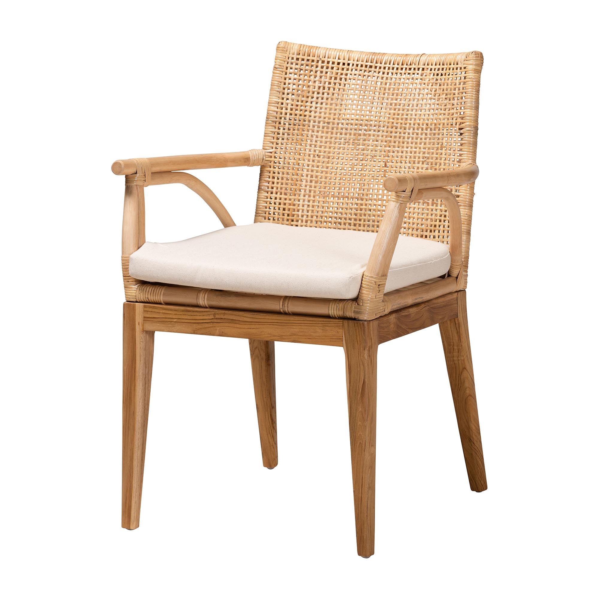 bali & pari Storsel Modern Bohemian Natural Brown Finished Teak Wood and Rattan Dining Chair