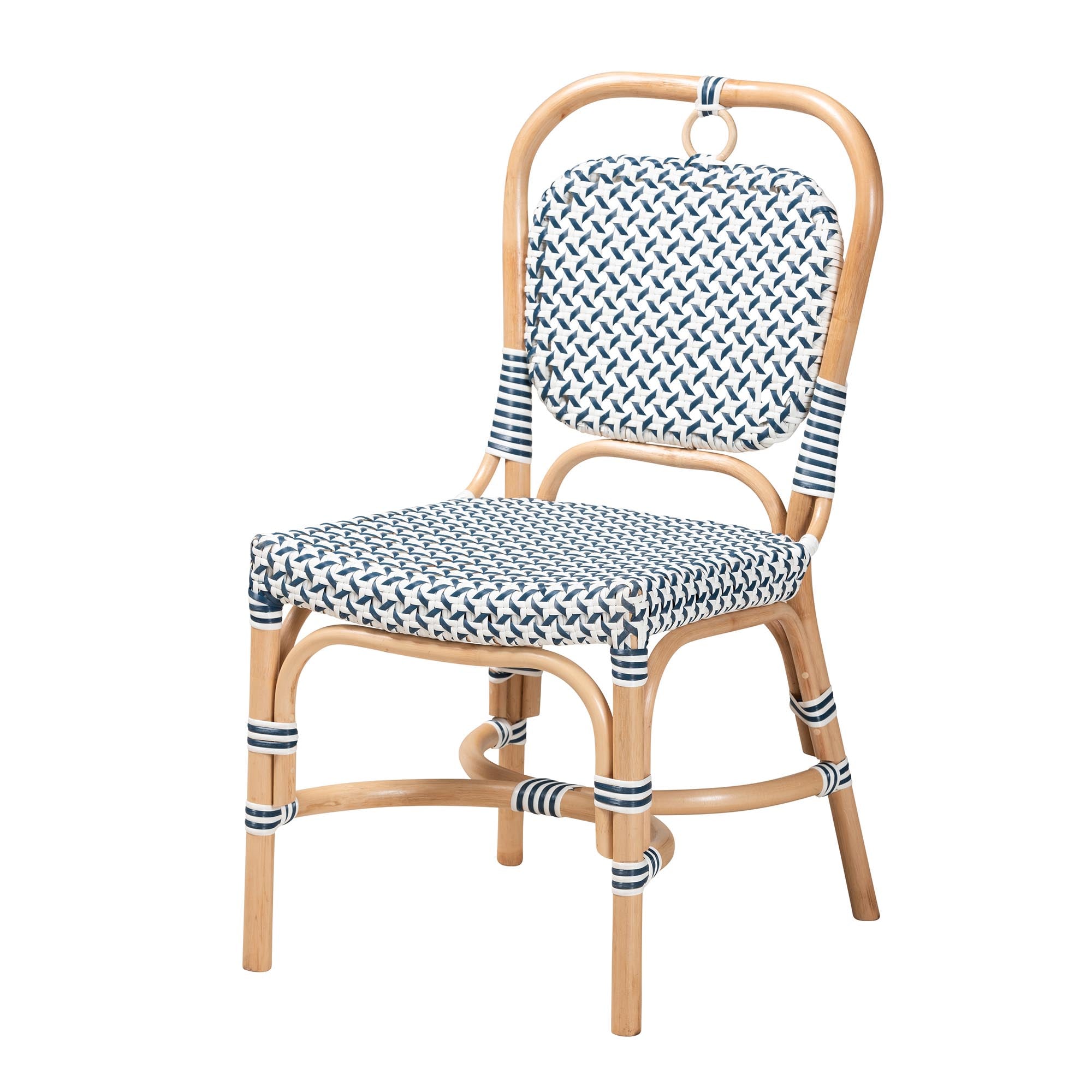 bali & pari Luciana Modern French Blue and White Weaving Natural Rattan Bistro Chair