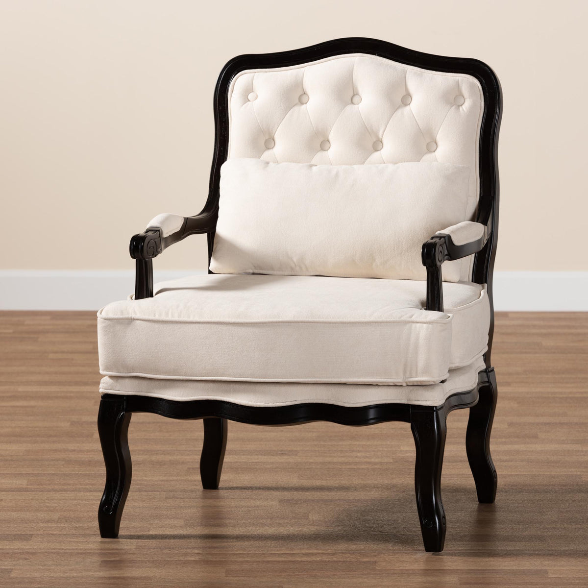 Dion Traditional French Cream Fabric and Wenge Brown Finished Wood Accent Chair