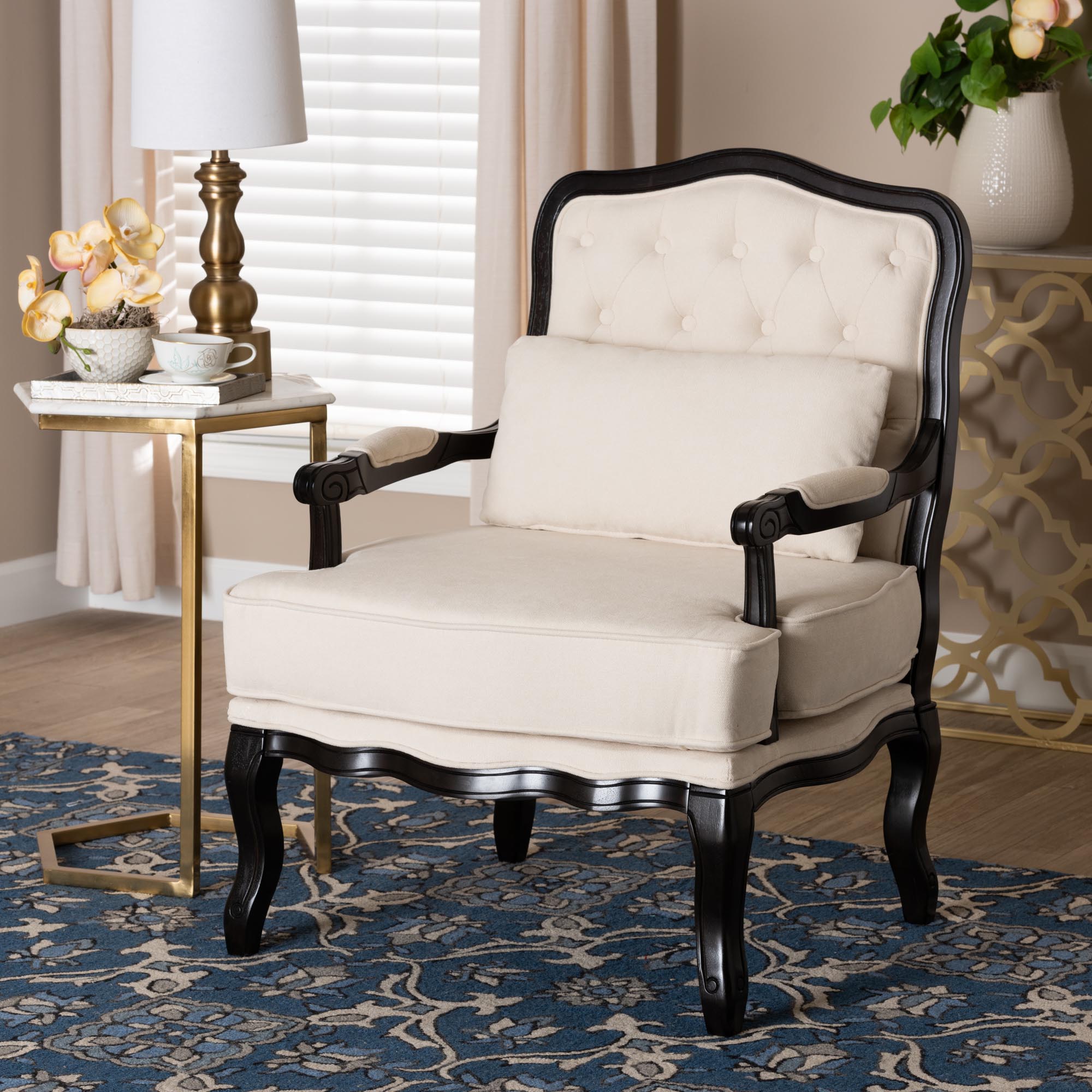 Dion Traditional French Cream Fabric and Wenge Brown Finished Wood Accent Chair
