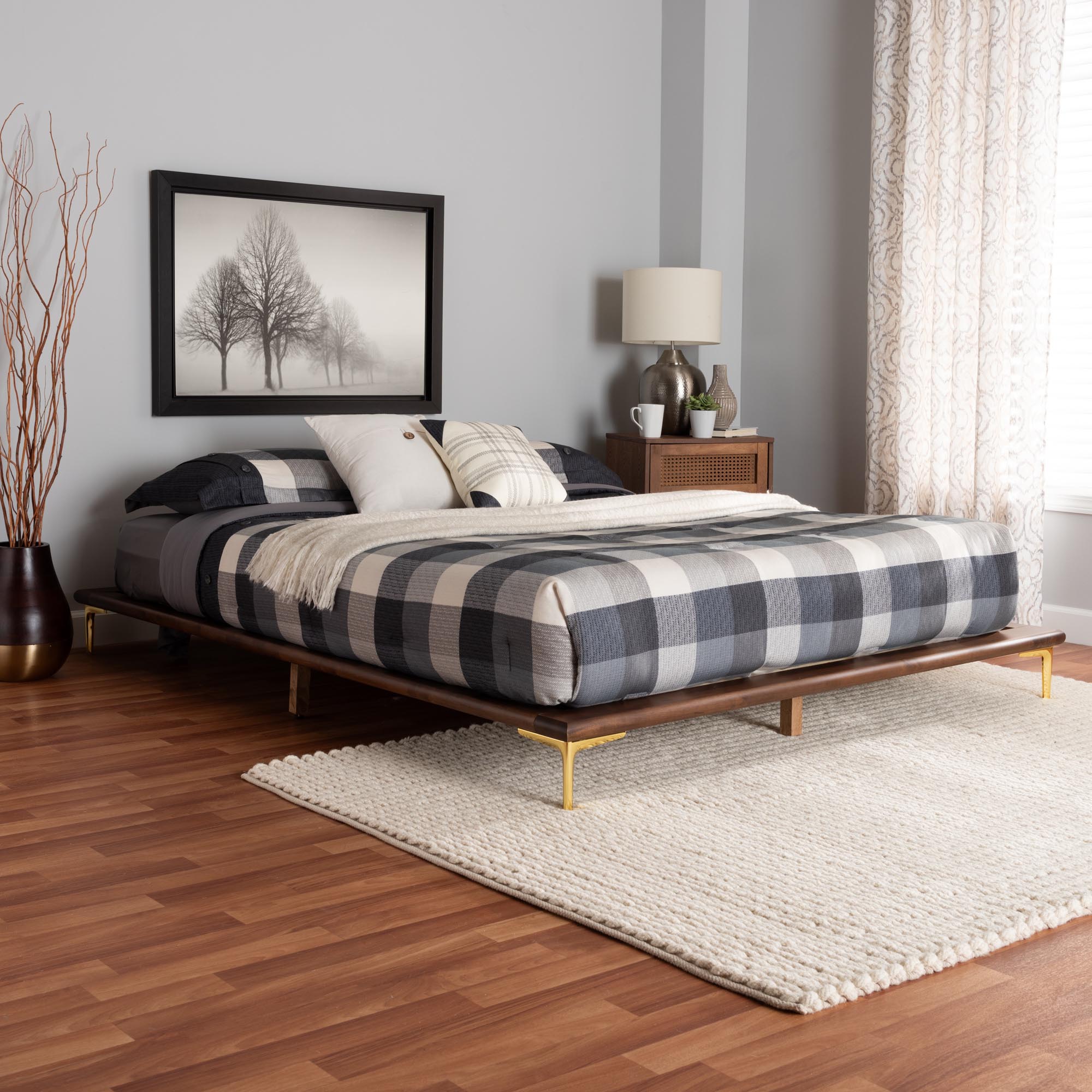 Hawley Queen Mid-Century Modern Platform Bed Frame – Walnut Brown Wood & Gold Metal