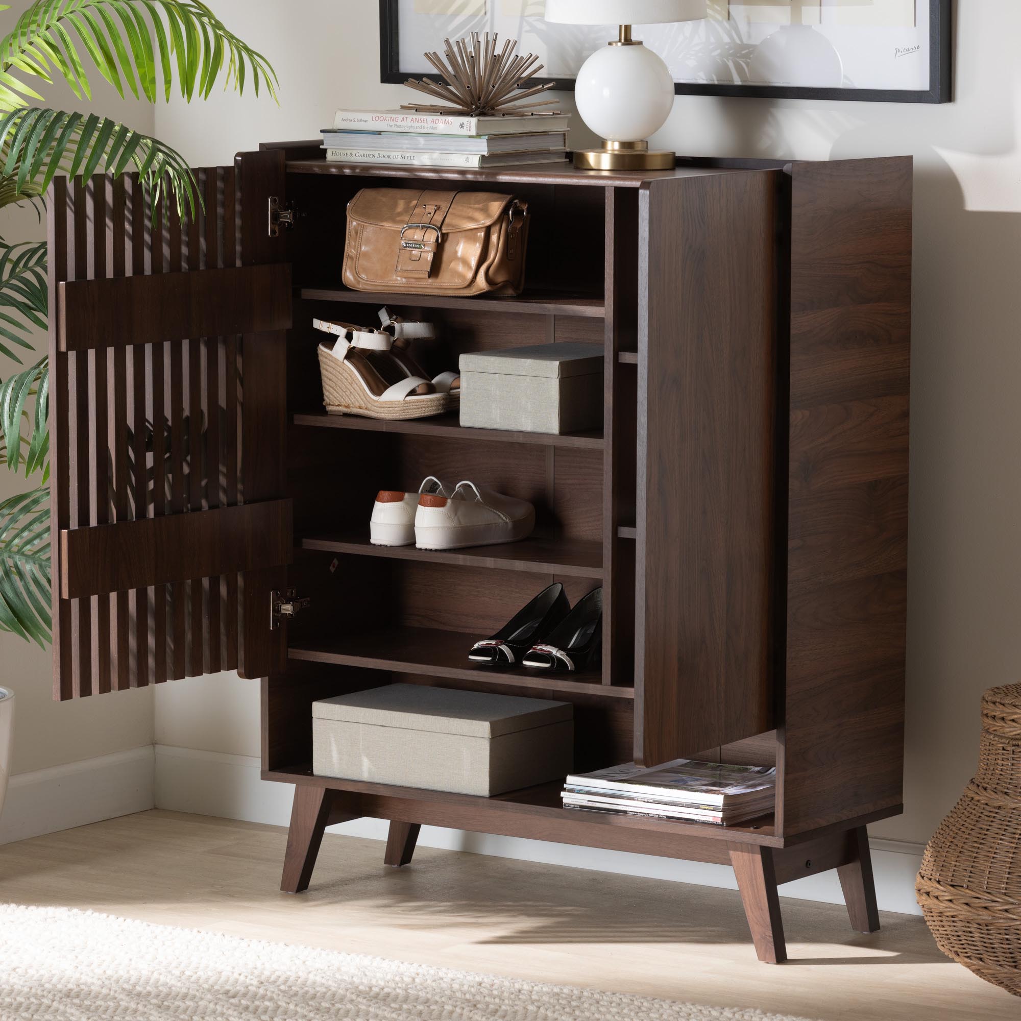 Paricia Mid-Century Modern Walnut Brown Finished Wood Shoe Cabinet