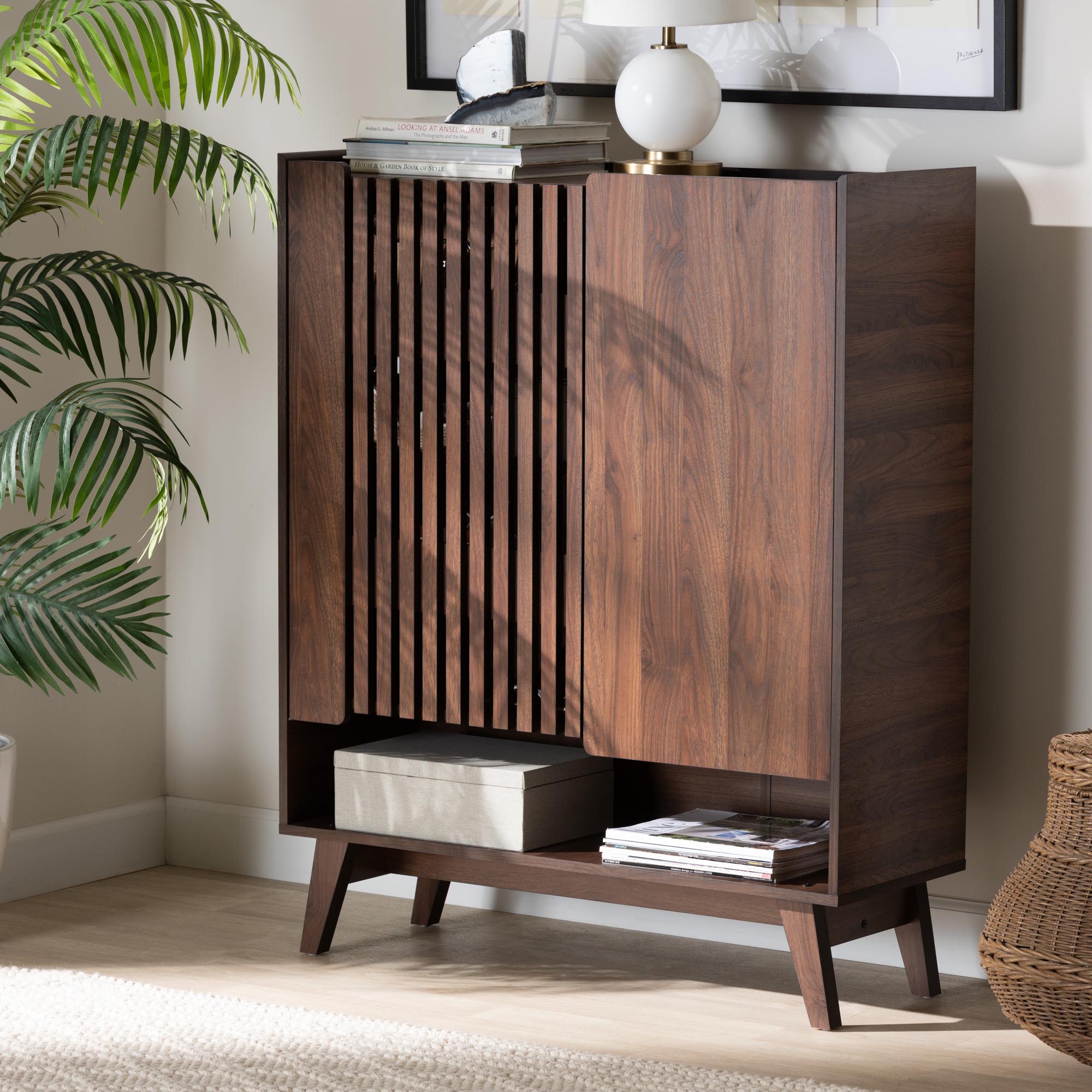 Paricia Mid-Century Modern Walnut Brown Finished Wood Shoe Cabinet
