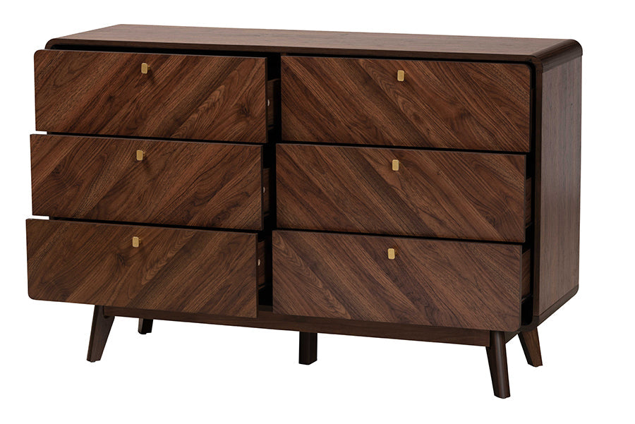 Markell Mid-Century Modern Transitional Walnut Brown Finished Wood 6-Drawer Dresser