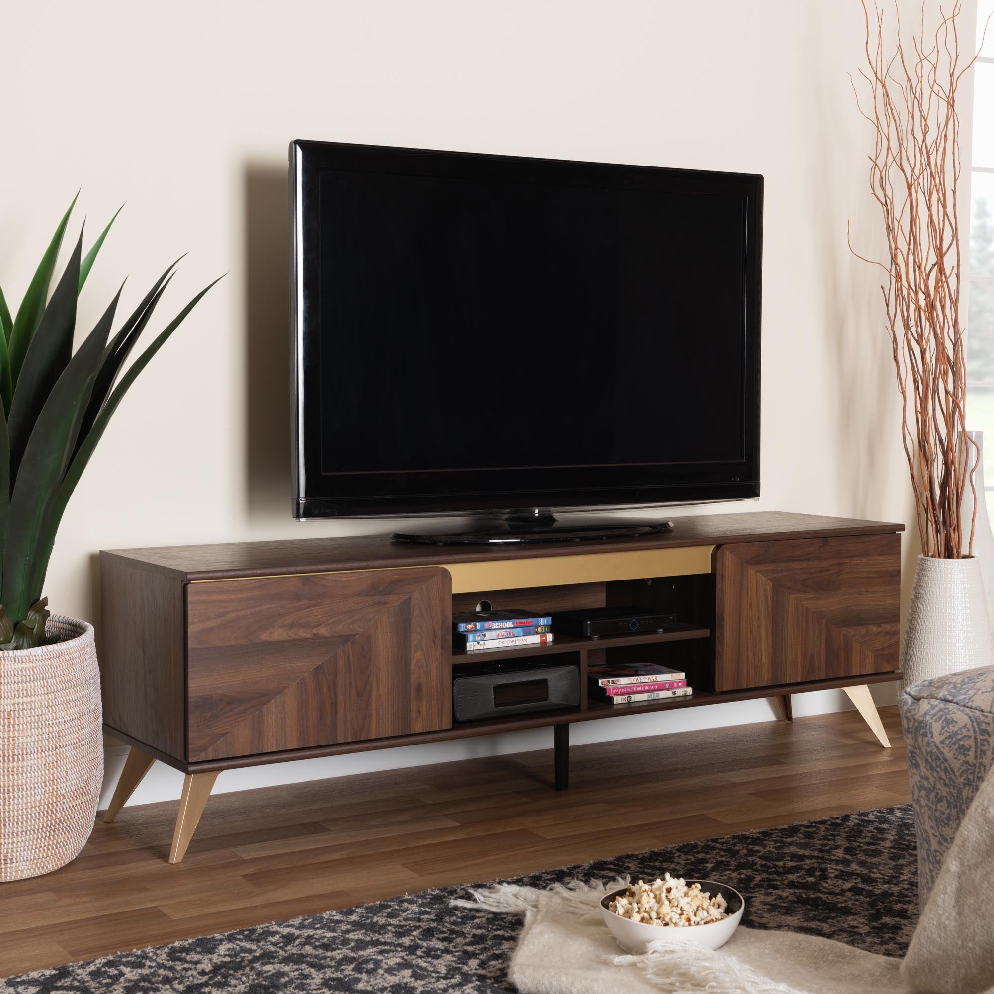 Graceland Mid-Century Modern Transitional Walnut Brown Finished Wood 2-Door TV Stand