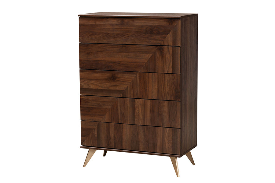 Graceland Mid-Century Modern Transitional Walnut Brown Finished Wood 5-Drawer Storage Chest