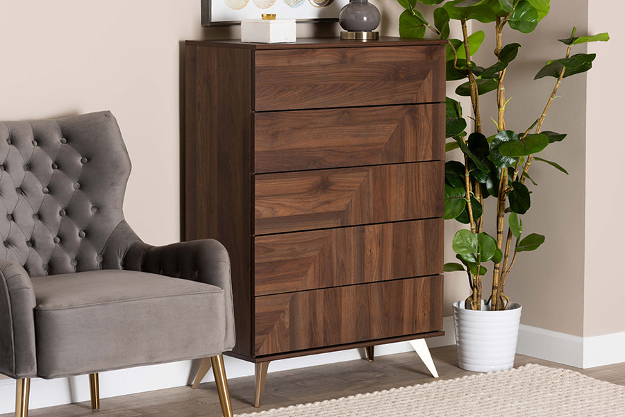Graceland Mid-Century Modern Transitional Walnut Brown Finished Wood 5-Drawer Storage Chest