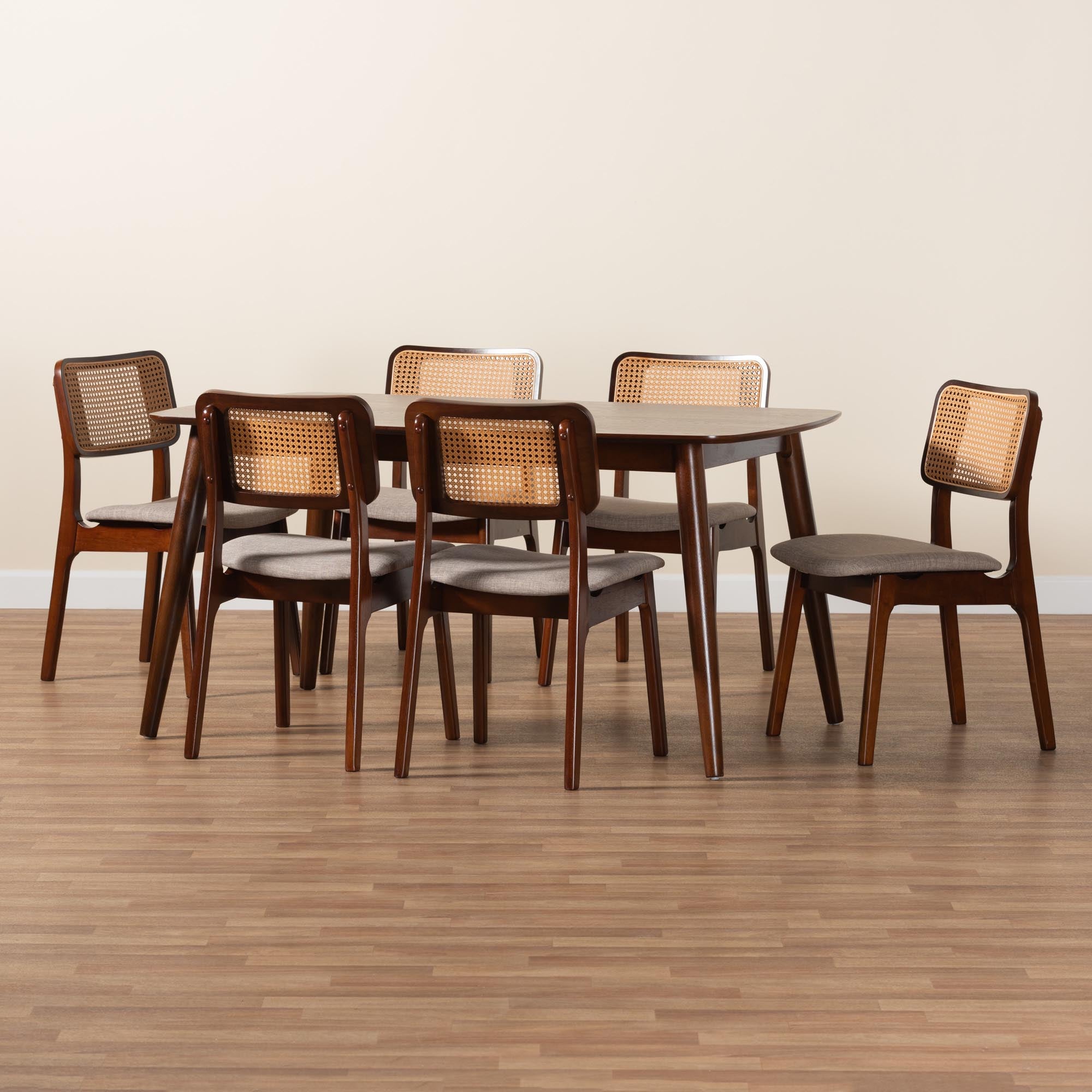 Dannon Mid-Century Modern Grey Fabric and Walnut Brown Finished Wood 7-Piece Dining Set