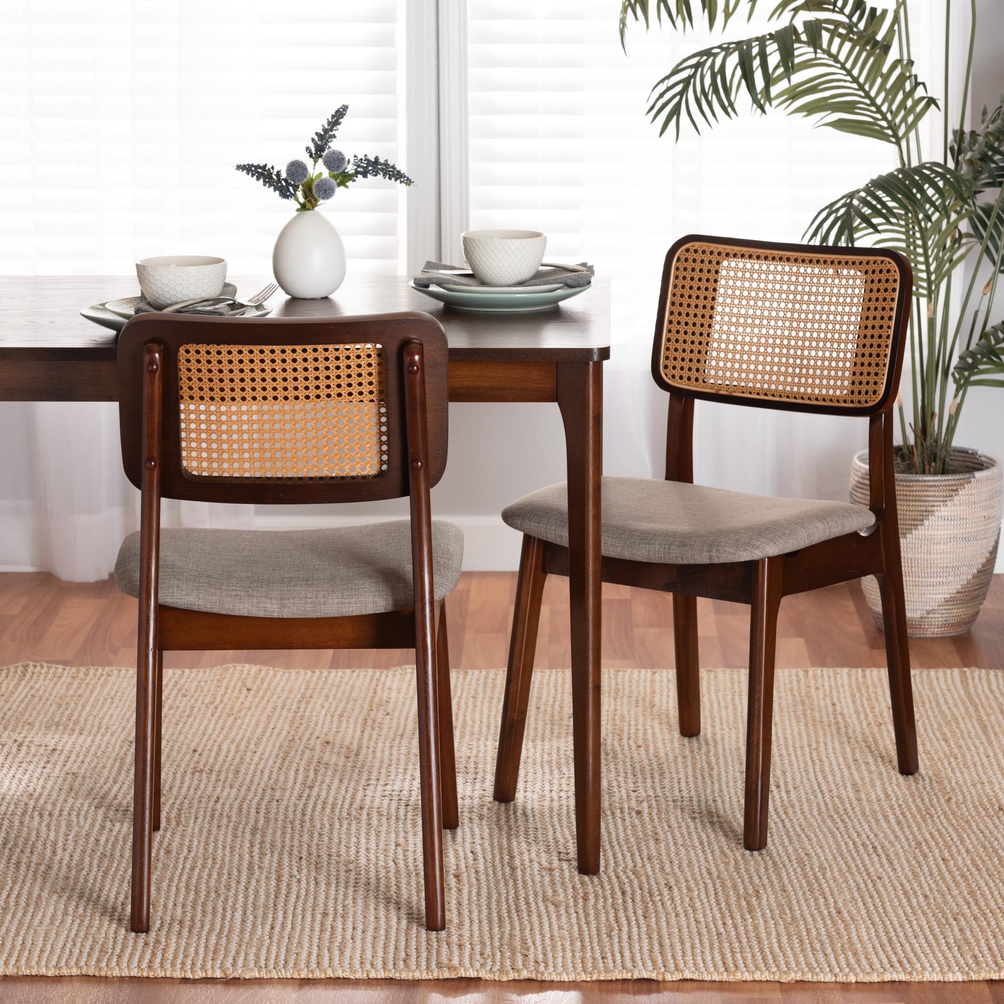 Dannon Mid-Century Modern Grey Fabric and Walnut Brown Finished Wood 2-Piece Dining Chair Set
