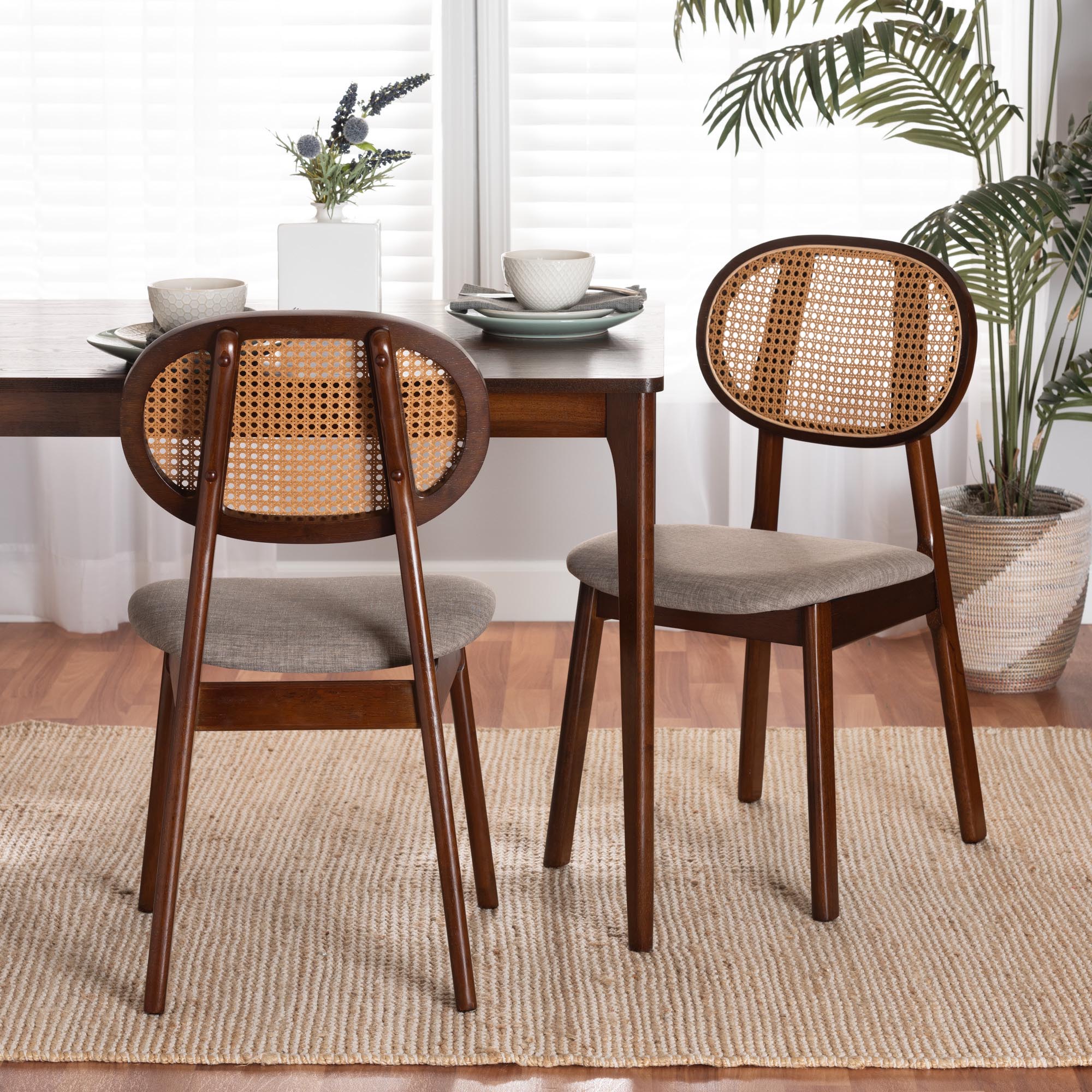 Darrion Mid-Century Modern Grey Fabric and Walnut Brown Finished Wood 2-Piece Dining Chair Set