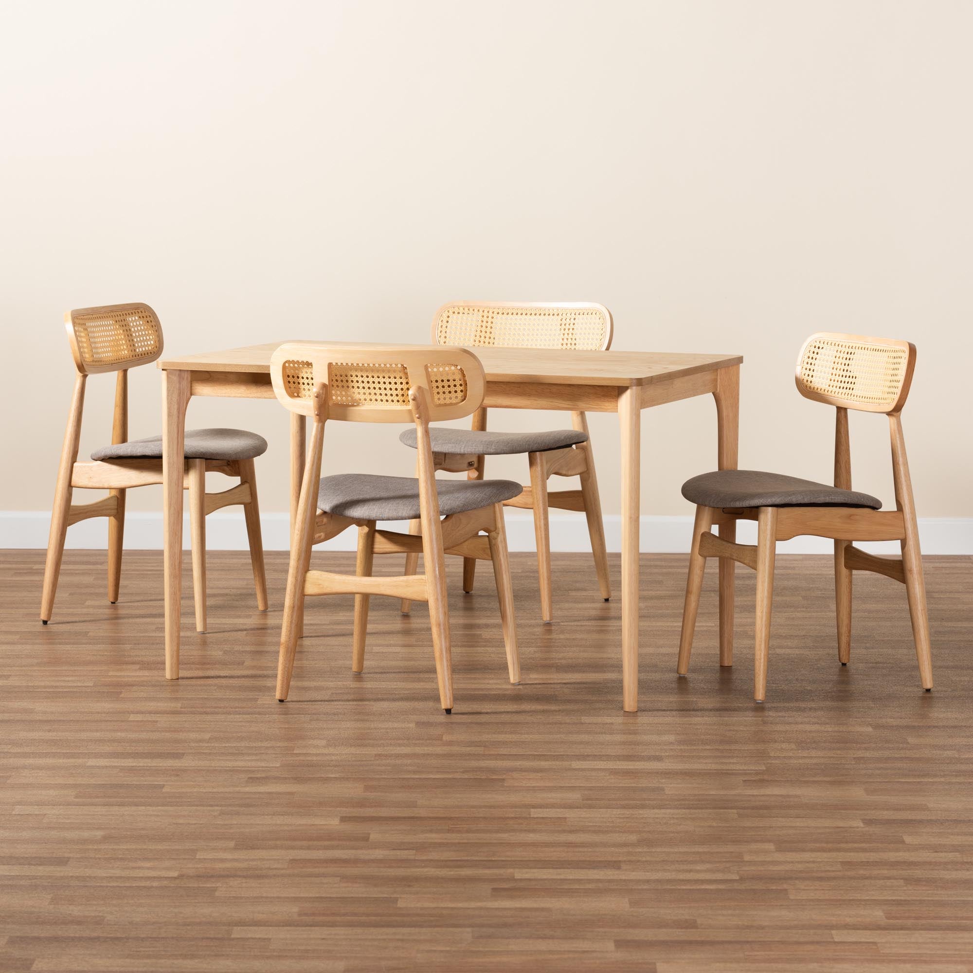 Tarana Mid-Century Modern Grey Fabric and Natural Oak Finished Wood 5-Piece Dining Set