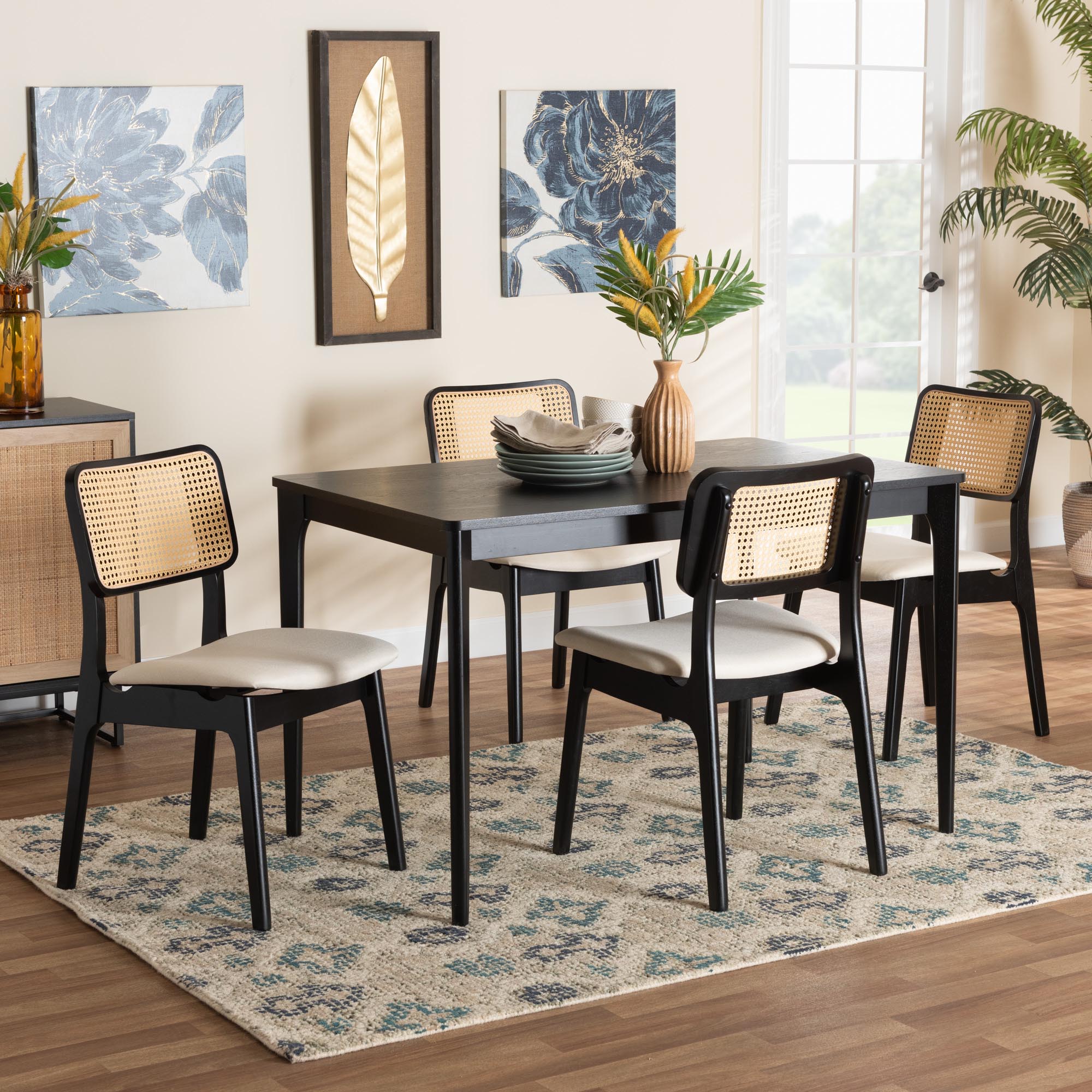Dannon Mid-Century Modern Cream Fabric and Black Finished Wood 5-Piece Dining Set