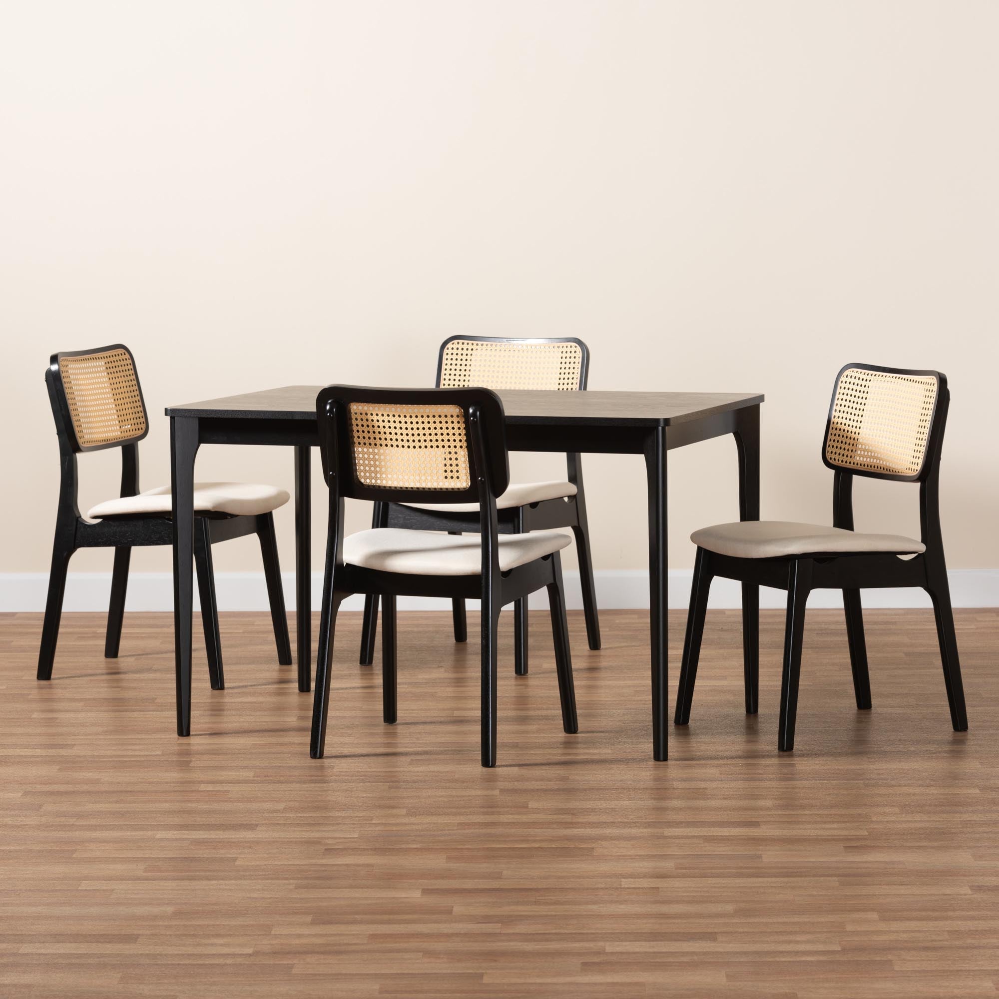 Dannon Mid-Century Modern Cream Fabric and Black Finished Wood 5-Piece Dining Set