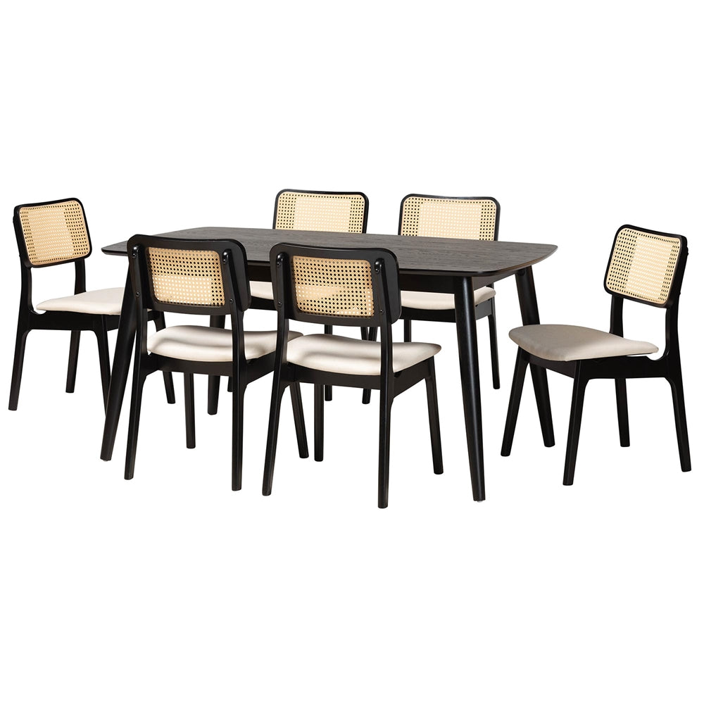 Dannon Mid-Century Modern Cream Fabric and Black Finished Wood 7-Piece Dining Set