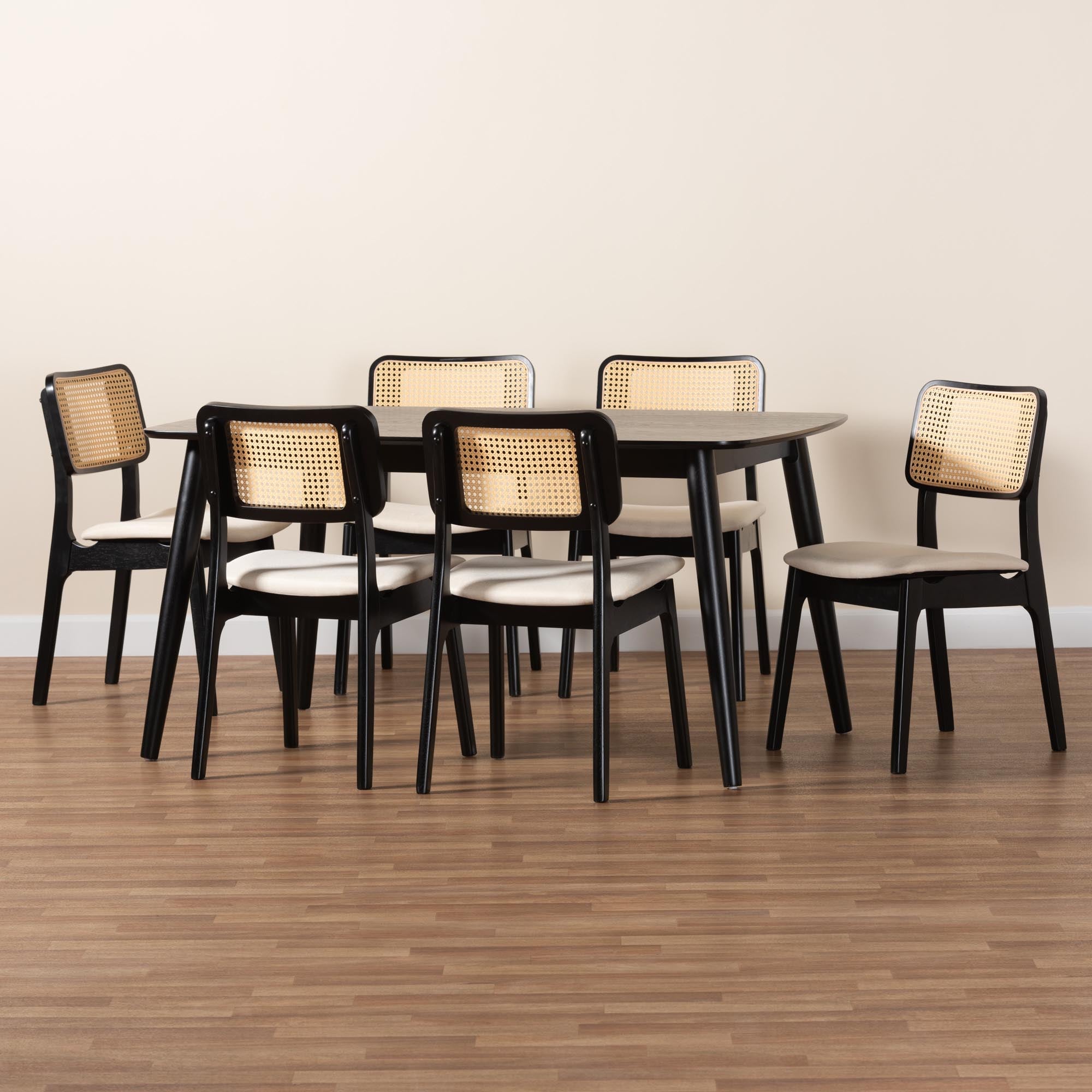 Dannon Mid-Century Modern Cream Fabric and Black Finished Wood 7-Piece Dining Set