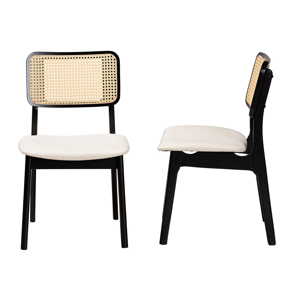 Dannon Mid-Century Modern Cream Fabric and Black Finished Wood 2-Piece Dining Chair Set