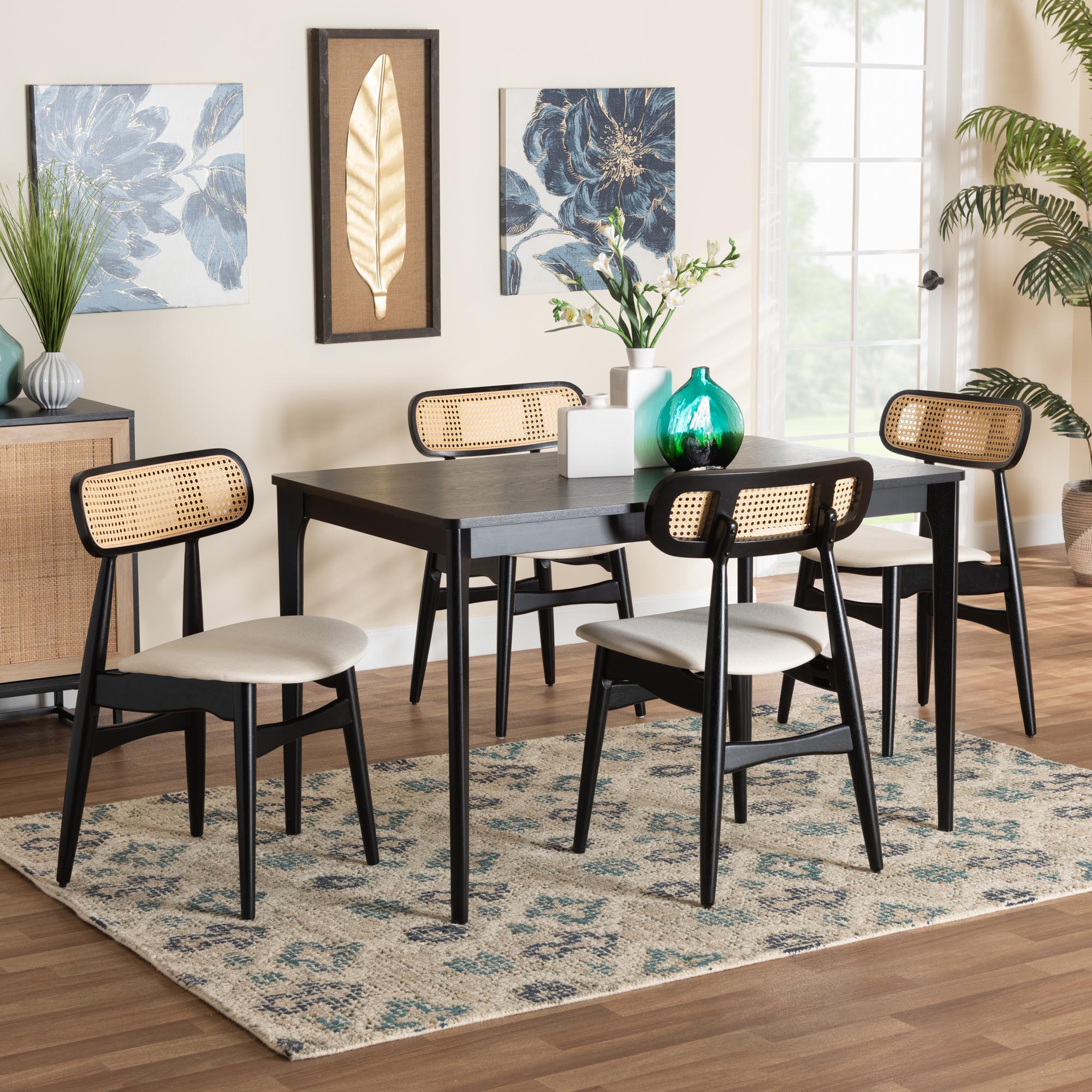 Tarana Mid-Century Modern Cream Fabric and Black Finished Wood 5-Piece Dining Set