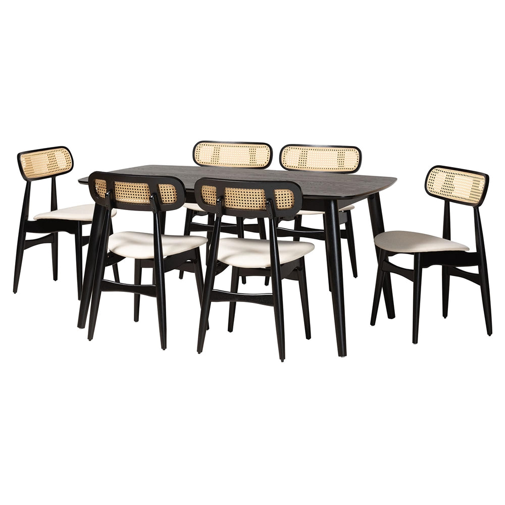 Tarana Mid-Century Modern Cream Fabric and Black Finished Wood 7-Piece Dining Set