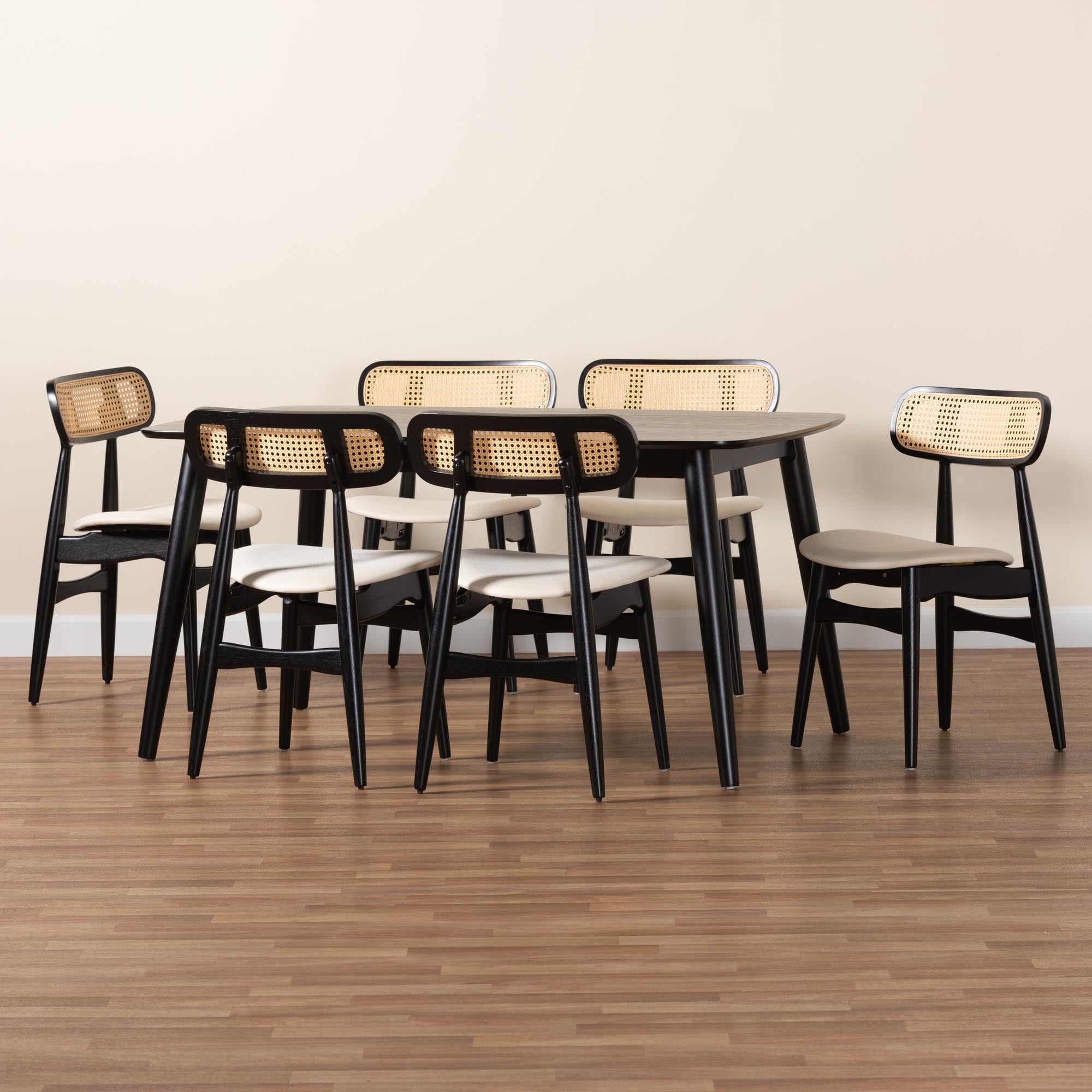 Tarana Mid-Century Modern Cream Fabric and Black Finished Wood 7-Piece Dining Set