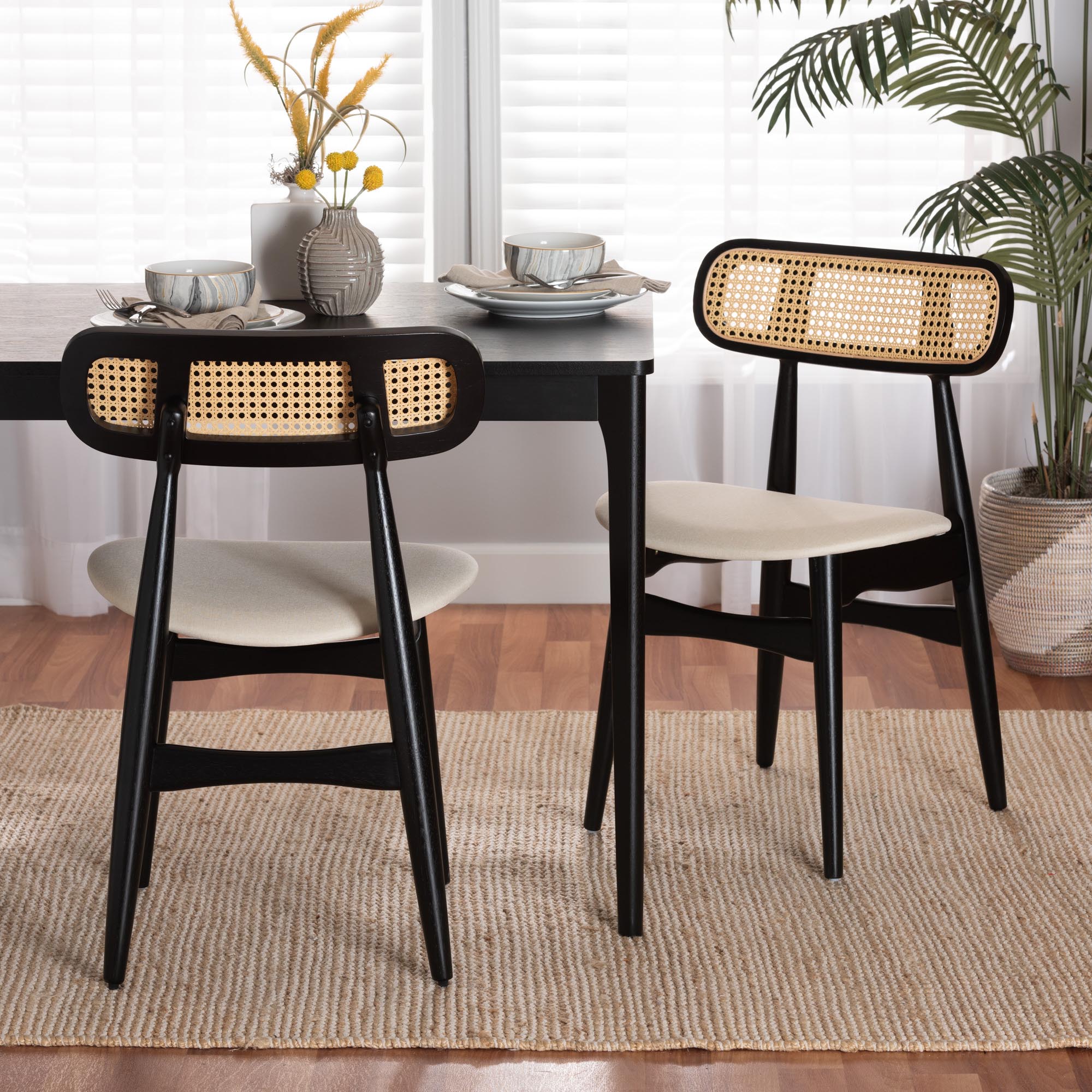 Tarana Mid-Century Modern Cream Fabric and Black Finished Wood 2-Piece Dining Chair Set
