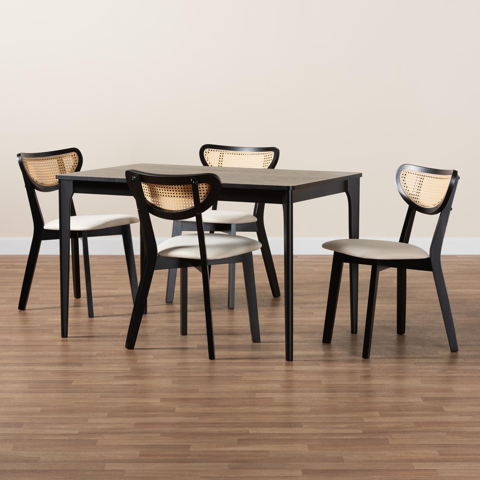 Dannell Mid-Century Modern Cream Fabric and Black Finished Wood 5-Piece Dining Set