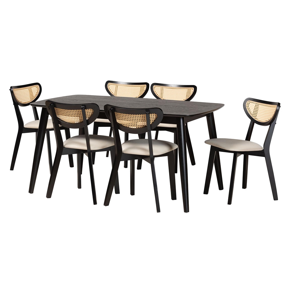 Dannell Mid-Century Modern Cream Fabric and Black Finished Wood 7-Piece Dining Set