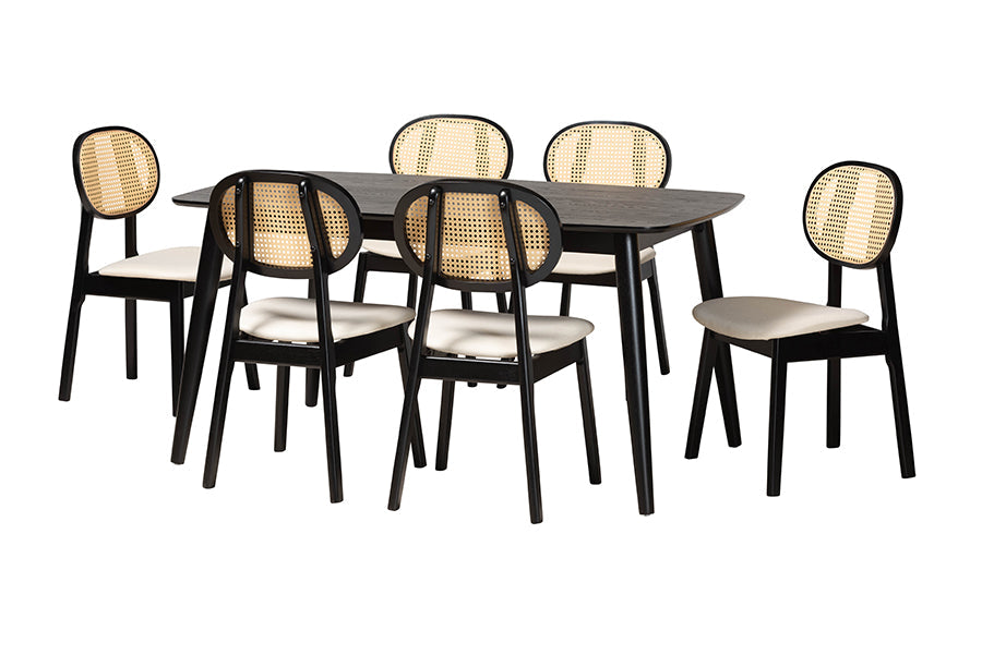 Darrion Mid-Century Modern Cream Fabric and Black Finished Wood 7-Piece Dining Set