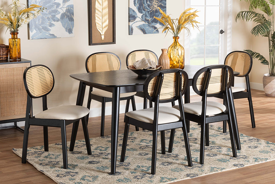 Darrion Mid-Century Modern Cream Fabric and Black Finished Wood 7-Piece Dining Set