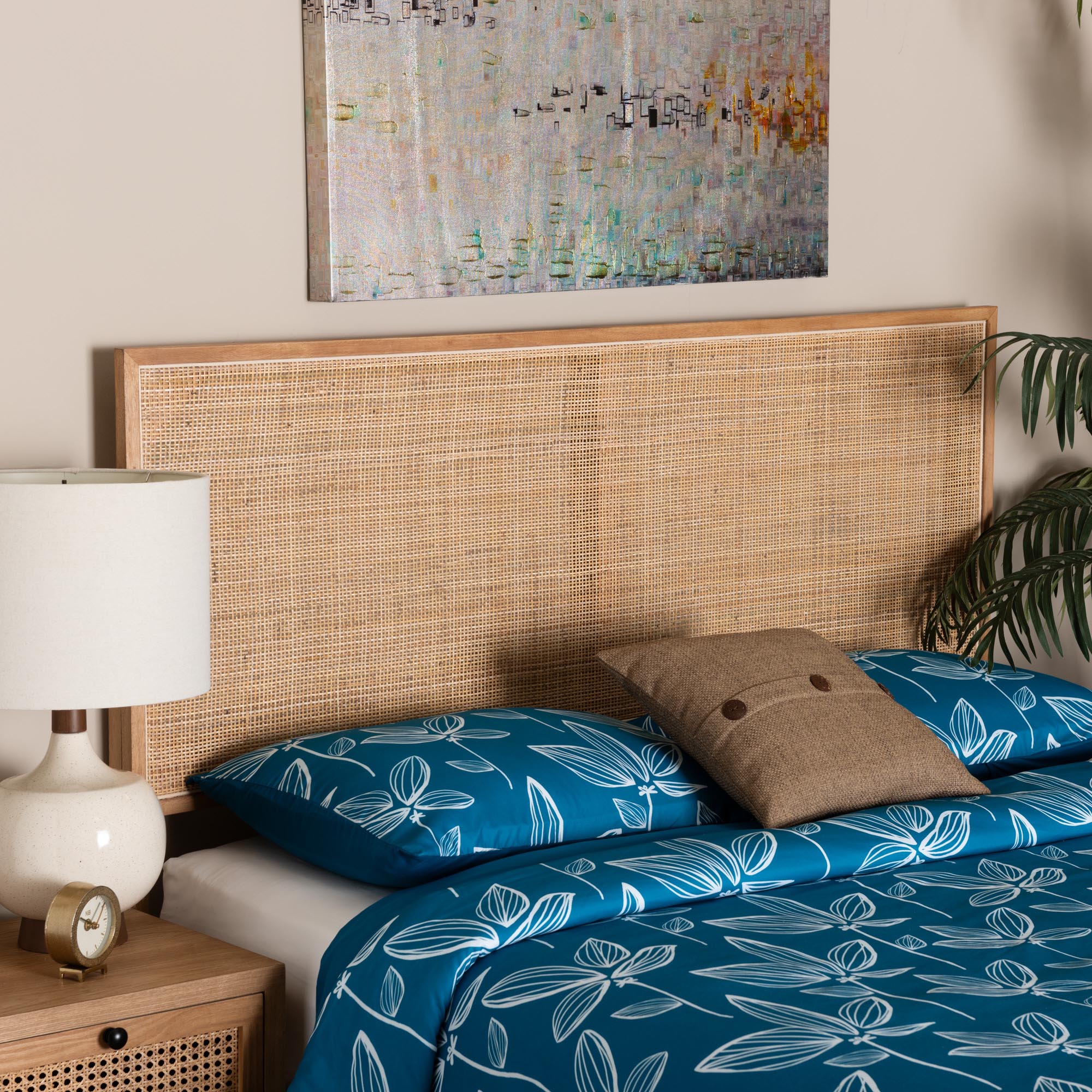 Aurelia Modern Bohemian Natural Brown Finished Bayur Wood and Rattan Queen Size Headboard