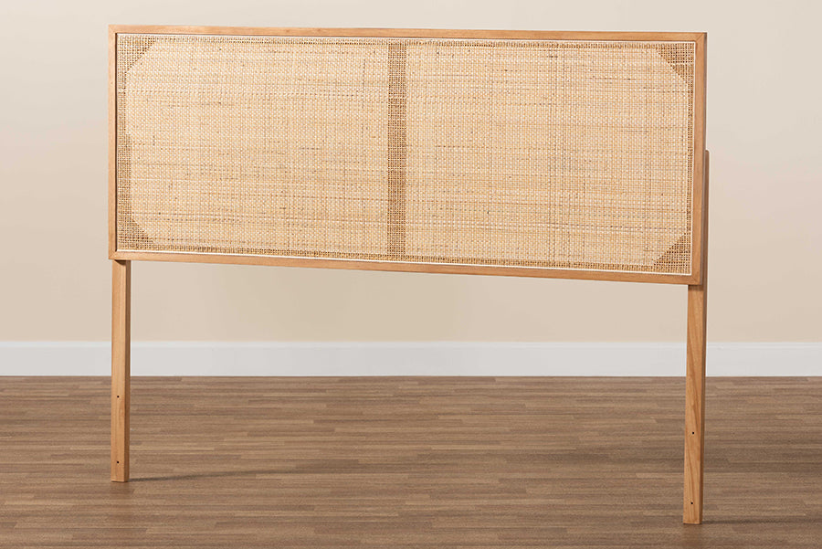 bali & pari Aurelia Modern Bohemian Natural Brown Finished Bayur Wood and Rattan Queen Size Headboard