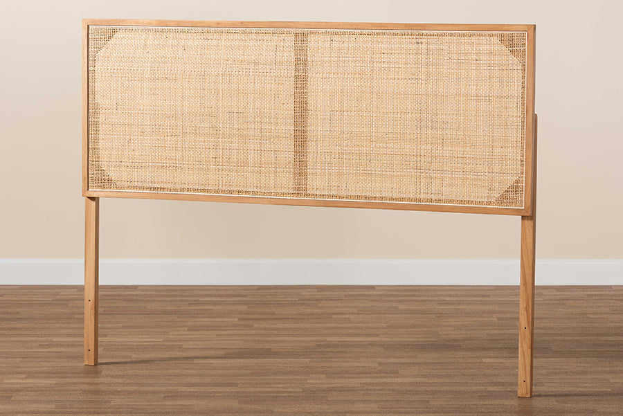 bali & pari Aurelia Modern Bohemian Natural Brown Finished Bayur Wood and Rattan Queen Size Headboard