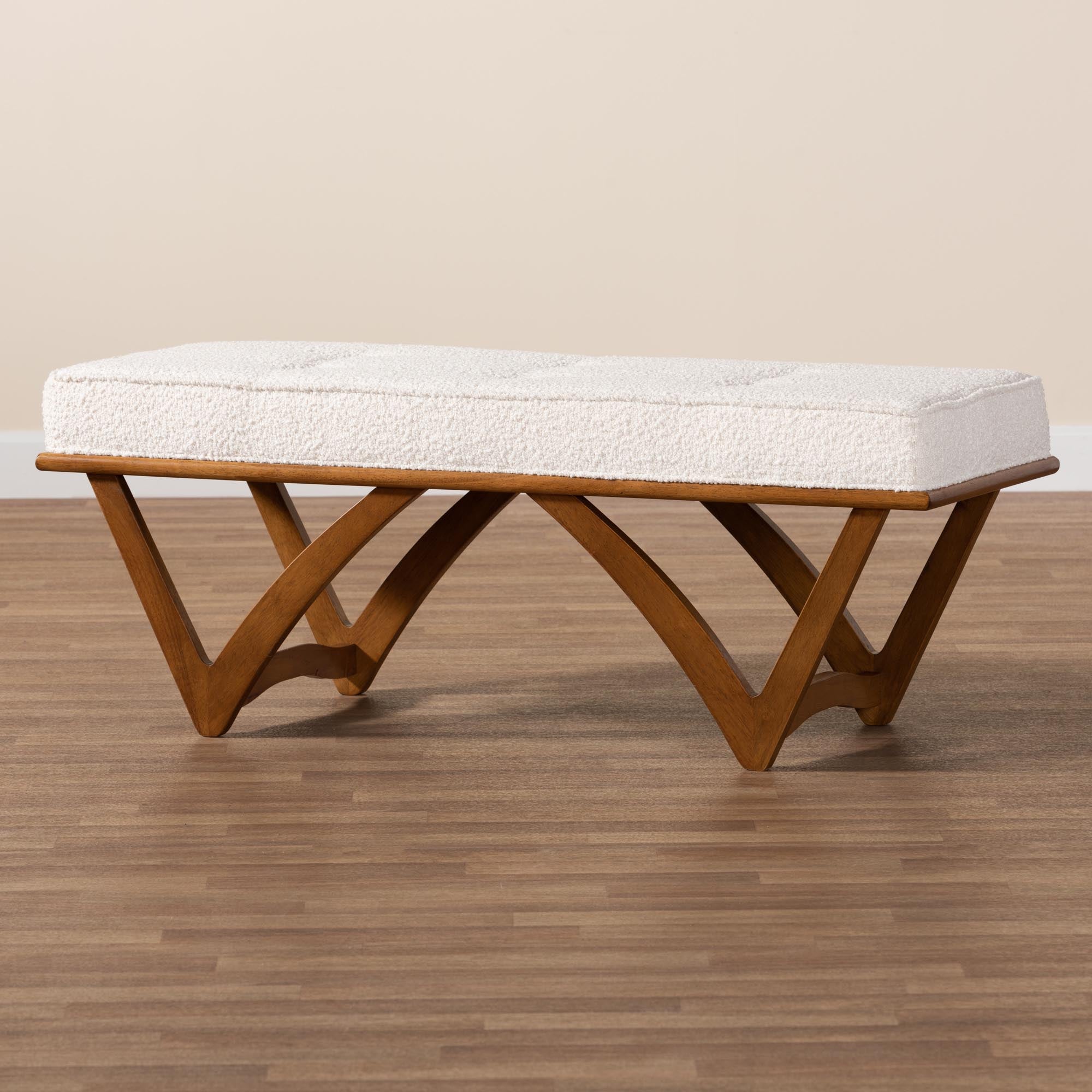 Chenoa Japandi Cream Boucle Fabric and Walnut Brown Finished Wood Bench