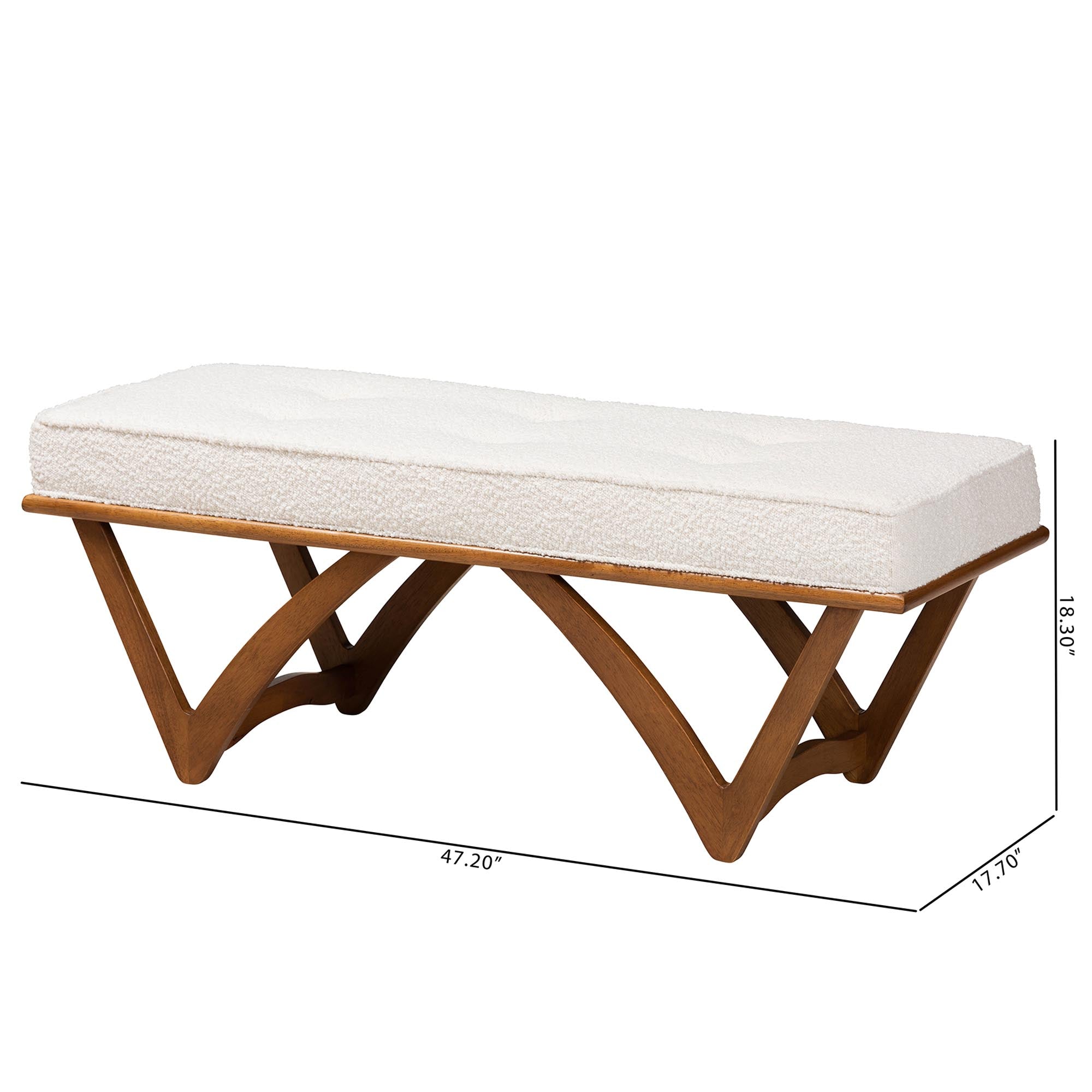 Chenoa Japandi Cream Boucle Fabric and Walnut Brown Finished Wood Bench