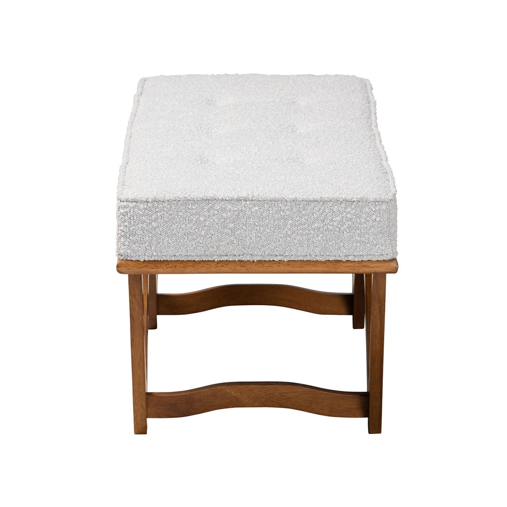 Chenoa Japandi Light Grey Boucle Fabric and Walnut Brown Finished Wood Bench