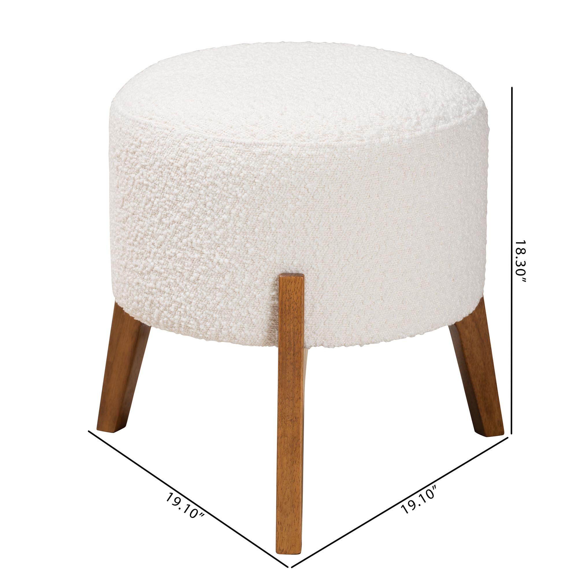 Elkie Japandi Cream Boucle Fabric and Walnut Brown Finished Wood Ottoman Footstool