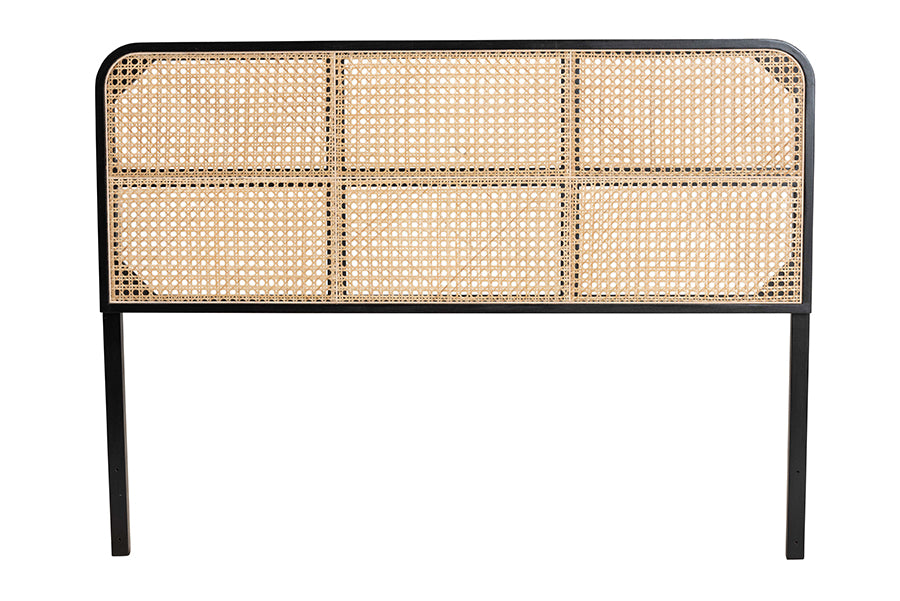 bali & pari Lainer Modern Bohemian Black Finished Bayur Wood and Natural Bamboo Queen Size Headboard