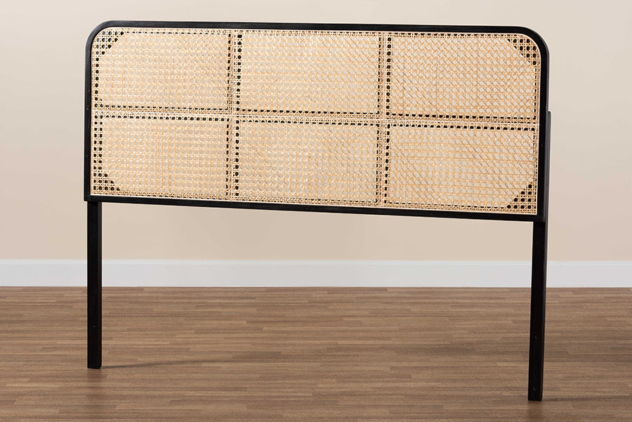 bali & pari Lainer Modern Bohemian Black Finished Bayur Wood and Natural Bamboo Queen Size Headboard