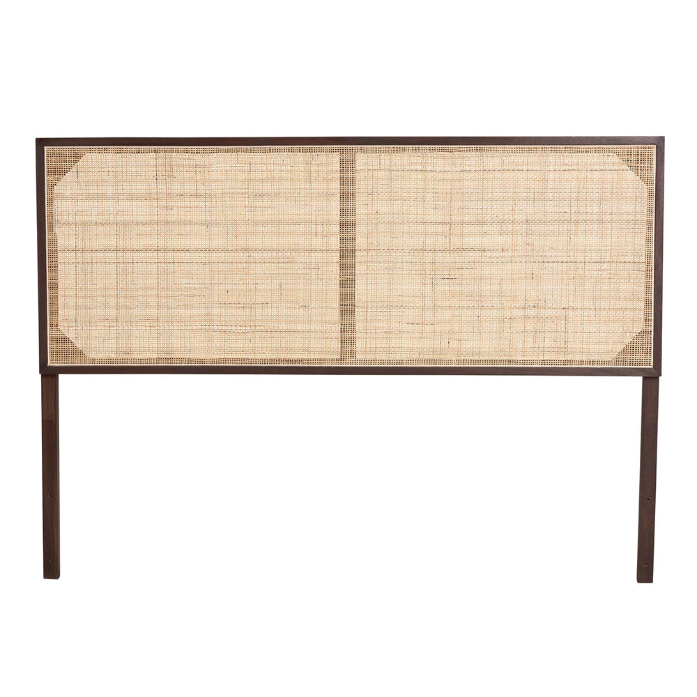 Aurelia Modern Bohemian Dark Brown Finished Bayur Wood and Natural Rattan Queen Size Headboard